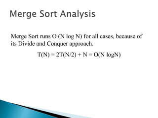 Merge Sort runs O (N log N) for all cases, because of
its Divide and Conquer approach.
T(N) = 2T(N/2) + N = O(N logN)
 