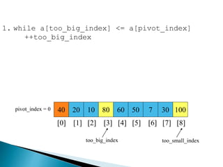 40 20 10 80 60 50 7 30 100pivot_index = 0
[0] [1] [2] [3] [4] [5] [6] [7] [8]
too_big_index too_small_index
1. while a[too_big_index] <= a[pivot_index]
++too_big_index
 