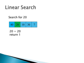 40 20 10 30 7
Search for 20
20 = 20
return 1
 