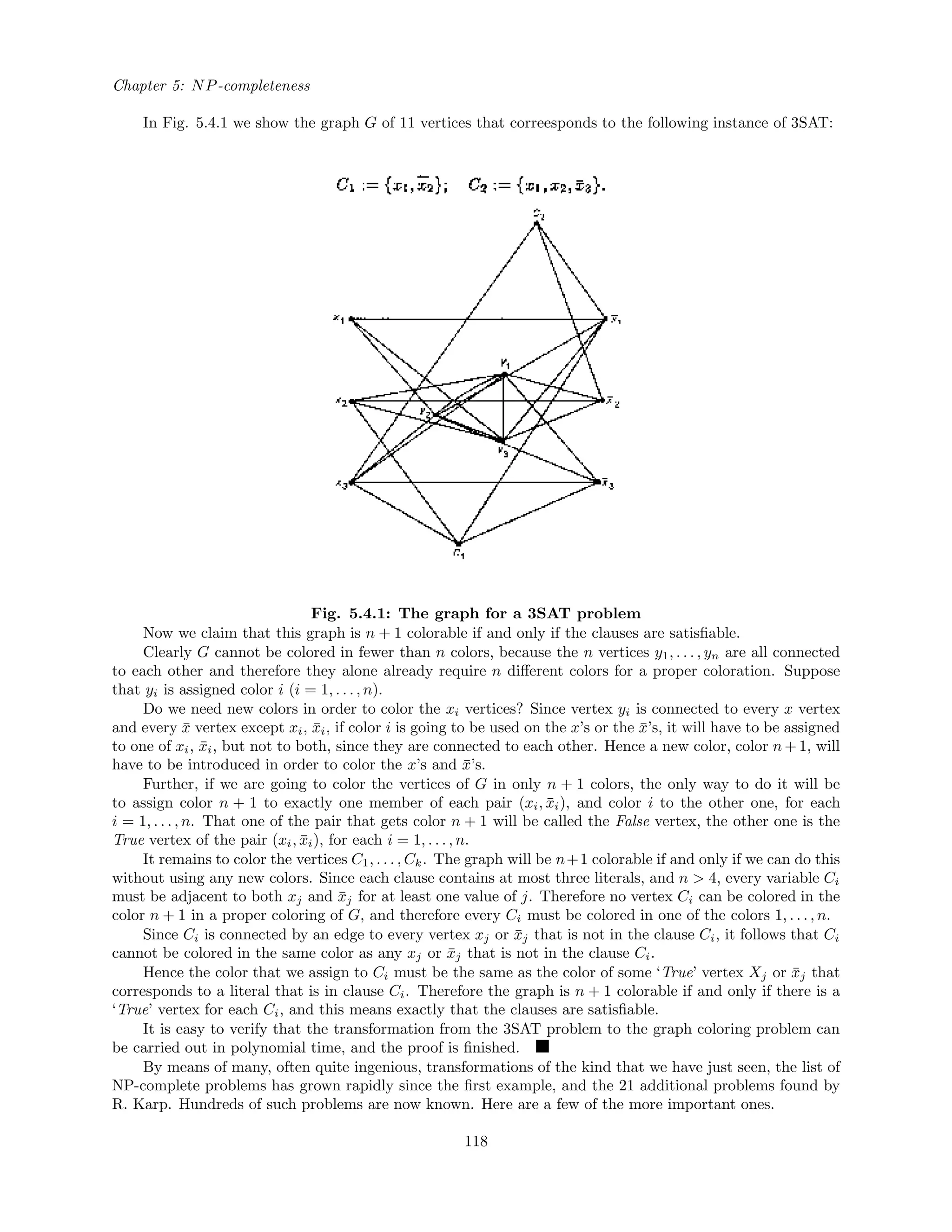 Chapter 5: NP-completeness
In Fig. 5.4.1 we show the graph G of 11 vertices that correesponds to the following instance of 3SAT:
Fig. 5.4.1: The graph for a 3SAT problem
Now we claim that this graph is n + 1 colorable if and only if the clauses are satisﬁable.
Clearly G cannot be colored in fewer than n colors, because the n vertices y1, . . . , yn are all connected
to each other and therefore they alone already require n diﬀerent colors for a proper coloration. Suppose
that yi is assigned color i (i = 1, . . . , n).
Do we need new colors in order to color the xi vertices? Since vertex yi is connected to every x vertex
and every ¯x vertex except xi, ¯xi, if color i is going to be used on the x’s or the ¯x’s, it will have to be assigned
to one of xi, ¯xi, but not to both, since they are connected to each other. Hence a new color, color n + 1, will
have to be introduced in order to color the x’s and ¯x’s.
Further, if we are going to color the vertices of G in only n + 1 colors, the only way to do it will be
to assign color n + 1 to exactly one member of each pair (xi, ¯xi), and color i to the other one, for each
i = 1, . . . , n. That one of the pair that gets color n + 1 will be called the False vertex, the other one is the
True vertex of the pair (xi, ¯xi), for each i = 1, . . . , n.
It remains to color the vertices C1, . . . , Ck. The graph will be n+1 colorable if and only if we can do this
without using any new colors. Since each clause contains at most three literals, and n > 4, every variable Ci
must be adjacent to both xj and ¯xj for at least one value of j. Therefore no vertex Ci can be colored in the
color n + 1 in a proper coloring of G, and therefore every Ci must be colored in one of the colors 1, . . . , n.
Since Ci is connected by an edge to every vertex xj or ¯xj that is not in the clause Ci, it follows that Ci
cannot be colored in the same color as any xj or ¯xj that is not in the clause Ci.
Hence the color that we assign to Ci must be the same as the color of some ‘True’ vertex Xj or ¯xj that
corresponds to a literal that is in clause Ci. Therefore the graph is n + 1 colorable if and only if there is a
‘True’ vertex for each Ci, and this means exactly that the clauses are satisﬁable.
It is easy to verify that the transformation from the 3SAT problem to the graph coloring problem can
be carried out in polynomial time, and the proof is ﬁnished.
By means of many, often quite ingenious, transformations of the kind that we have just seen, the list of
NP-complete problems has grown rapidly since the ﬁrst example, and the 21 additional problems found by
R. Karp. Hundreds of such problems are now known. Here are a few of the more important ones.
118
 