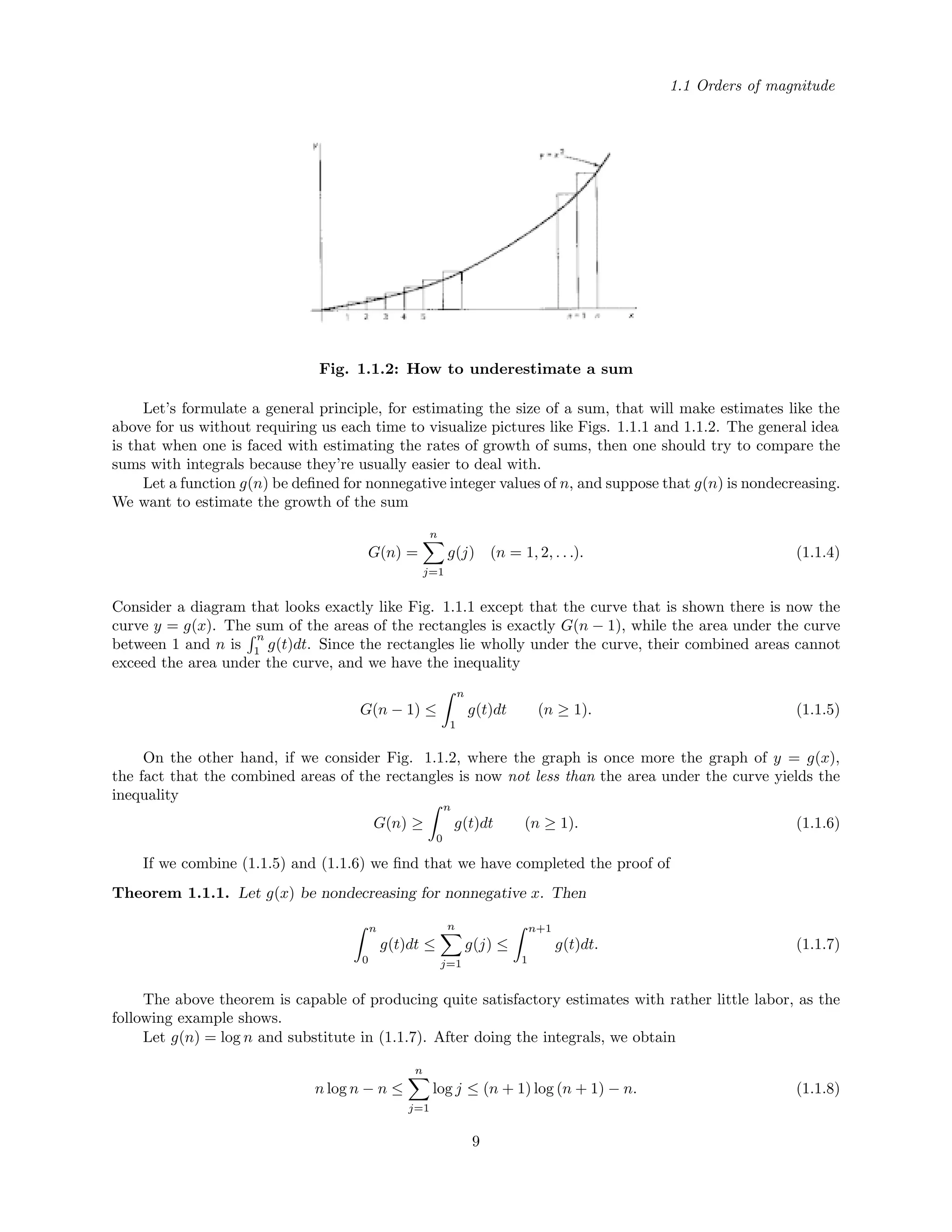 1.1 Orders of magnitude
Fig. 1.1.2: How to underestimate a sum
Let’s formulate a general principle, for estimating the size of a sum, that will make estimates like the
above for us without requiring us each time to visualize pictures like Figs. 1.1.1 and 1.1.2. The general idea
is that when one is faced with estimating the rates of growth of sums, then one should try to compare the
sums with integrals because they’re usually easier to deal with.
Let a function g(n) be deﬁned for nonnegative integer values of n, and suppose that g(n) is nondecreasing.
We want to estimate the growth of the sum
G(n) =
n
j=1
g(j) (n = 1, 2, . . .). (1.1.4)
Consider a diagram that looks exactly like Fig. 1.1.1 except that the curve that is shown there is now the
curve y = g(x). The sum of the areas of the rectangles is exactly G(n − 1), while the area under the curve
between 1 and n is
n
1 g(t)dt. Since the rectangles lie wholly under the curve, their combined areas cannot
exceed the area under the curve, and we have the inequality
G(n − 1) ≤
n
1
g(t)dt (n ≥ 1). (1.1.5)
On the other hand, if we consider Fig. 1.1.2, where the graph is once more the graph of y = g(x),
the fact that the combined areas of the rectangles is now not less than the area under the curve yields the
inequality
G(n) ≥
n
0
g(t)dt (n ≥ 1). (1.1.6)
If we combine (1.1.5) and (1.1.6) we ﬁnd that we have completed the proof of
Theorem 1.1.1. Let g(x) be nondecreasing for nonnegative x. Then
n
0
g(t)dt ≤
n
j=1
g(j) ≤
n+1
1
g(t)dt. (1.1.7)
The above theorem is capable of producing quite satisfactory estimates with rather little labor, as the
following example shows.
Let g(n) = log n and substitute in (1.1.7). After doing the integrals, we obtain
n log n − n ≤
n
j=1
log j ≤ (n + 1) log (n + 1) − n. (1.1.8)
9
 