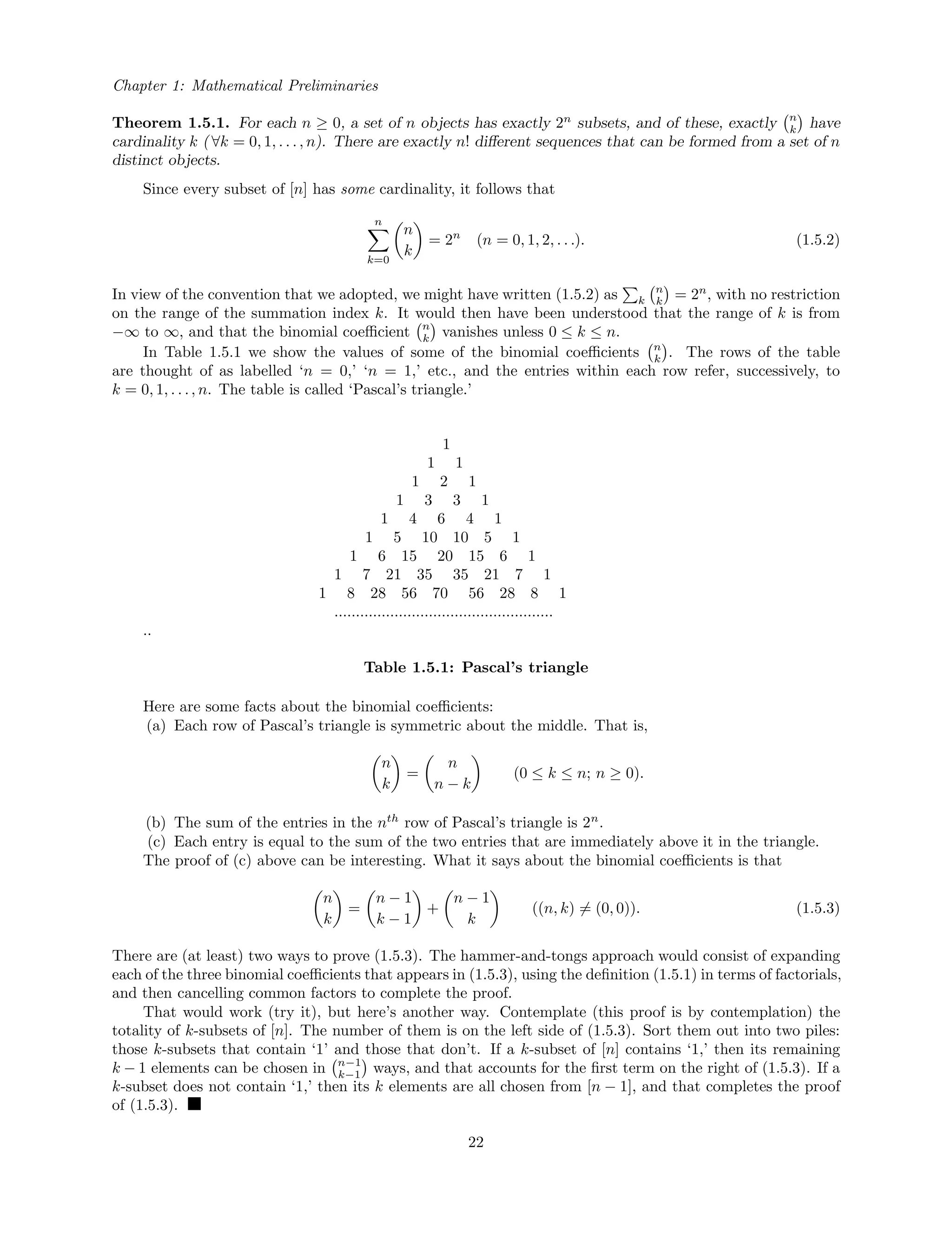 Chapter 1: Mathematical Preliminaries
Theorem 1.5.1. For each n ≥ 0, a set of n objects has exactly 2n
subsets, and of these, exactly n
k have
cardinality k ( ∀k = 0, 1, . . . , n). There are exactly n! diﬀerent sequences that can be formed from a set of n
distinct objects.
Since every subset of [n] has some cardinality, it follows that
n
k=0
n
k
= 2n
(n = 0, 1, 2, . . .). (1.5.2)
In view of the convention that we adopted, we might have written (1.5.2) as k
n
k = 2n
, with no restriction
on the range of the summation index k. It would then have been understood that the range of k is from
−∞ to ∞, and that the binomial coeﬃcient n
k vanishes unless 0 ≤ k ≤ n.
In Table 1.5.1 we show the values of some of the binomial coeﬃcients n
k . The rows of the table
are thought of as labelled ‘n = 0,’ ‘n = 1,’ etc., and the entries within each row refer, successively, to
k = 0, 1, . . ., n. The table is called ‘Pascal’s triangle.’
1
1 1
1 2 1
1 3 3 1
1 4 6 4 1
1 5 10 10 5 1
1 6 15 20 15 6 1
1 7 21 35 35 21 7 1
1 8 28 56 70 56 28 8 1
...................................................
..
Table 1.5.1: Pascal’s triangle
Here are some facts about the binomial coeﬃcients:
(a) Each row of Pascal’s triangle is symmetric about the middle. That is,
n
k
=
n
n − k
(0 ≤ k ≤ n; n ≥ 0).
(b) The sum of the entries in the nth
row of Pascal’s triangle is 2n
.
(c) Each entry is equal to the sum of the two entries that are immediately above it in the triangle.
The proof of (c) above can be interesting. What it says about the binomial coeﬃcients is that
n
k
=
n − 1
k − 1
+
n − 1
k
((n, k) = (0, 0)). (1.5.3)
There are (at least) two ways to prove (1.5.3). The hammer-and-tongs approach would consist of expanding
each of the three binomial coeﬃcients that appears in (1.5.3), using the deﬁnition (1.5.1) in terms of factorials,
and then cancelling common factors to complete the proof.
That would work (try it), but here’s another way. Contemplate (this proof is by contemplation) the
totality of k-subsets of [n]. The number of them is on the left side of (1.5.3). Sort them out into two piles:
those k-subsets that contain ‘1’ and those that don’t. If a k-subset of [n] contains ‘1,’ then its remaining
k − 1 elements can be chosen in n−1
k−1 ways, and that accounts for the ﬁrst term on the right of (1.5.3). If a
k-subset does not contain ‘1,’ then its k elements are all chosen from [n − 1], and that completes the proof
of (1.5.3).
22
 