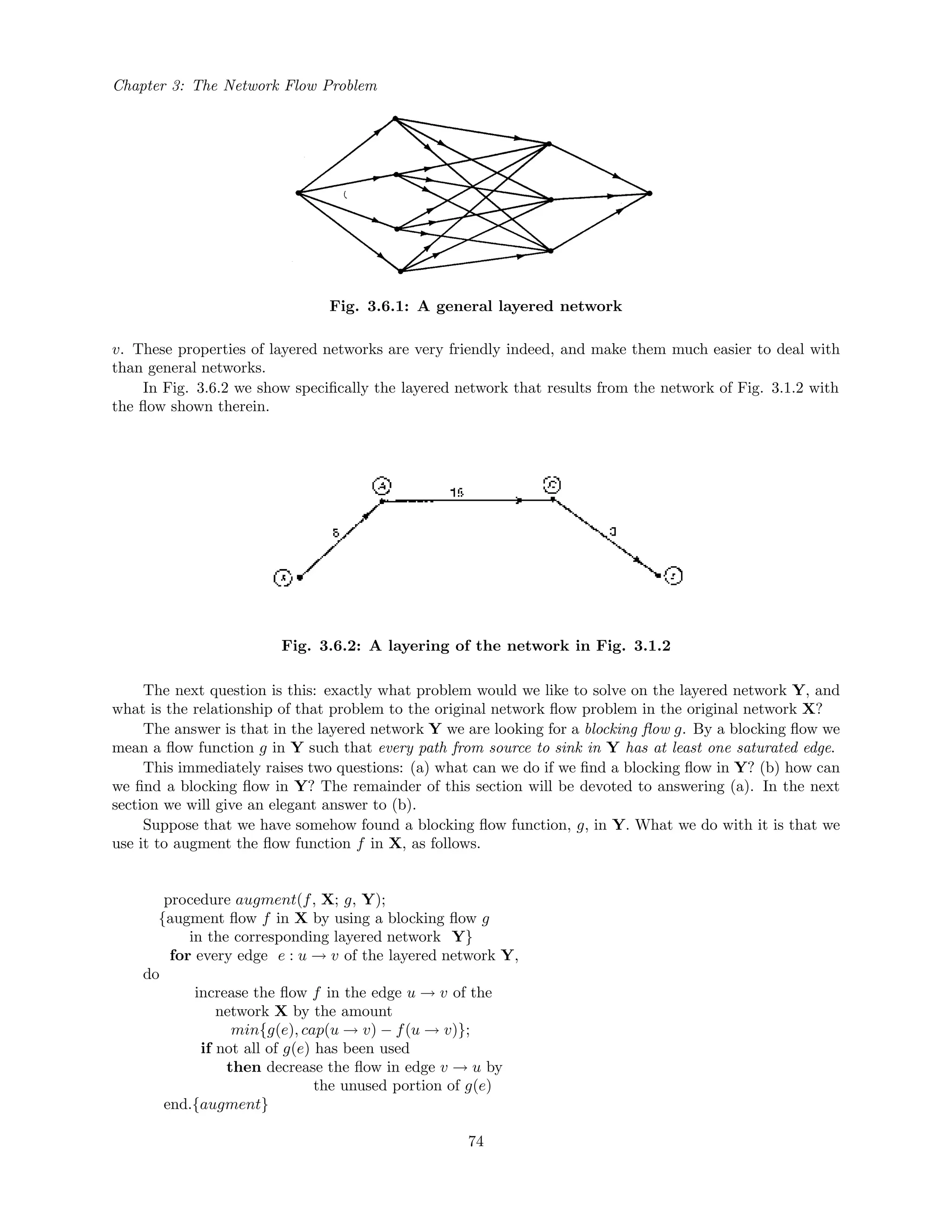Chapter 3: The Network Flow Problem
Fig. 3.6.1: A general layered network
v. These properties of layered networks are very friendly indeed, and make them much easier to deal with
than general networks.
In Fig. 3.6.2 we show speciﬁcally the layered network that results from the network of Fig. 3.1.2 with
the ﬂow shown therein.
Fig. 3.6.2: A layering of the network in Fig. 3.1.2
The next question is this: exactly what problem would we like to solve on the layered network Y, and
what is the relationship of that problem to the original network ﬂow problem in the original network X?
The answer is that in the layered network Y we are looking for a blocking ﬂow g. By a blocking ﬂow we
mean a ﬂow function g in Y such that every path from source to sink in Y has at least one saturated edge.
This immediately raises two questions: (a) what can we do if we ﬁnd a blocking ﬂow in Y? (b) how can
we ﬁnd a blocking ﬂow in Y? The remainder of this section will be devoted to answering (a). In the next
section we will give an elegant answer to (b).
Suppose that we have somehow found a blocking ﬂow function, g, in Y. What we do with it is that we
use it to augment the ﬂow function f in X, as follows.
procedure augment(f, X; g, Y);
{augment ﬂow f in X by using a blocking ﬂow g
in the corresponding layered network Y}
for every edge e : u → v of the layered network Y,
do
increase the ﬂow f in the edge u → v of the
network X by the amount
min{g(e), cap(u → v) − f(u → v)};
if not all of g(e) has been used
then decrease the ﬂow in edge v → u by
the unused portion of g(e)
end.{augment}
74
 