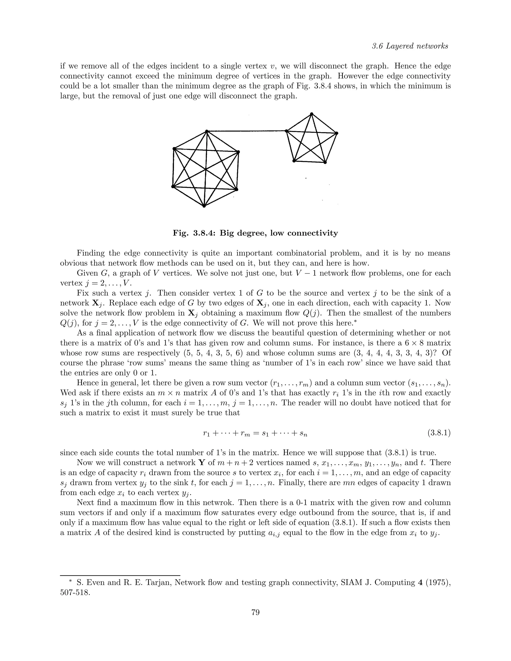 3.6 Layered networks
if we remove all of the edges incident to a single vertex v, we will disconnect the graph. Hence the edge
connectivity cannot exceed the minimum degree of vertices in the graph. However the edge connectivity
could be a lot smaller than the minimum degree as the graph of Fig. 3.8.4 shows, in which the minimum is
large, but the removal of just one edge will disconnect the graph.
Fig. 3.8.4: Big degree, low connectivity
Finding the edge connectivity is quite an important combinatorial problem, and it is by no means
obvious that network ﬂow methods can be used on it, but they can, and here is how.
Given G, a graph of V vertices. We solve not just one, but V − 1 network ﬂow problems, one for each
vertex j = 2, . . . , V .
Fix such a vertex j. Then consider vertex 1 of G to be the source and vertex j to be the sink of a
network Xj. Replace each edge of G by two edges of Xj, one in each direction, each with capacity 1. Now
solve the network ﬂow problem in Xj obtaining a maximum ﬂow Q(j). Then the smallest of the numbers
Q(j), for j = 2, . . . , V is the edge connectivity of G. We will not prove this here.∗
As a ﬁnal application of network ﬂow we discuss the beautiful question of determining whether or not
there is a matrix of 0’s and 1’s that has given row and column sums. For instance, is there a 6 × 8 matrix
whose row sums are respectively (5, 5, 4, 3, 5, 6) and whose column sums are (3, 4, 4, 4, 3, 3, 4, 3)? Of
course the phrase ‘row sums’ means the same thing as ‘number of 1’s in each row’ since we have said that
the entries are only 0 or 1.
Hence in general, let there be given a row sum vector (r1, . . . , rm) and a column sum vector (s1, . . . , sn).
Wed ask if there exists an m × n matrix A of 0’s and 1’s that has exactly ri 1’s in the ith row and exactly
sj 1’s in the jth column, for each i = 1, . . . , m, j = 1, . . . , n. The reader will no doubt have noticed that for
such a matrix to exist it must surely be true that
r1 + · · · + rm = s1 + · · · + sn (3.8.1)
since each side counts the total number of 1’s in the matrix. Hence we will suppose that (3.8.1) is true.
Now we will construct a network Y of m + n + 2 vertices named s, x1, . . . , xm, y1, . . . , yn, and t. There
is an edge of capacity ri drawn from the source s to vertex xi, for each i = 1, . . . , m, and an edge of capacity
sj drawn from vertex yj to the sink t, for each j = 1, . . . , n. Finally, there are mn edges of capacity 1 drawn
from each edge xi to each vertex yj.
Next ﬁnd a maximum ﬂow in this netwrok. Then there is a 0-1 matrix with the given row and column
sum vectors if and only if a maximum ﬂow saturates every edge outbound from the source, that is, if and
only if a maximum ﬂow has value equal to the right or left side of equation (3.8.1). If such a ﬂow exists then
a matrix A of the desired kind is constructed by putting ai,j equal to the ﬂow in the edge from xi to yj.
∗
S. Even and R. E. Tarjan, Network ﬂow and testing graph connectivity, SIAM J. Computing 4 (1975),
507-518.
79
 