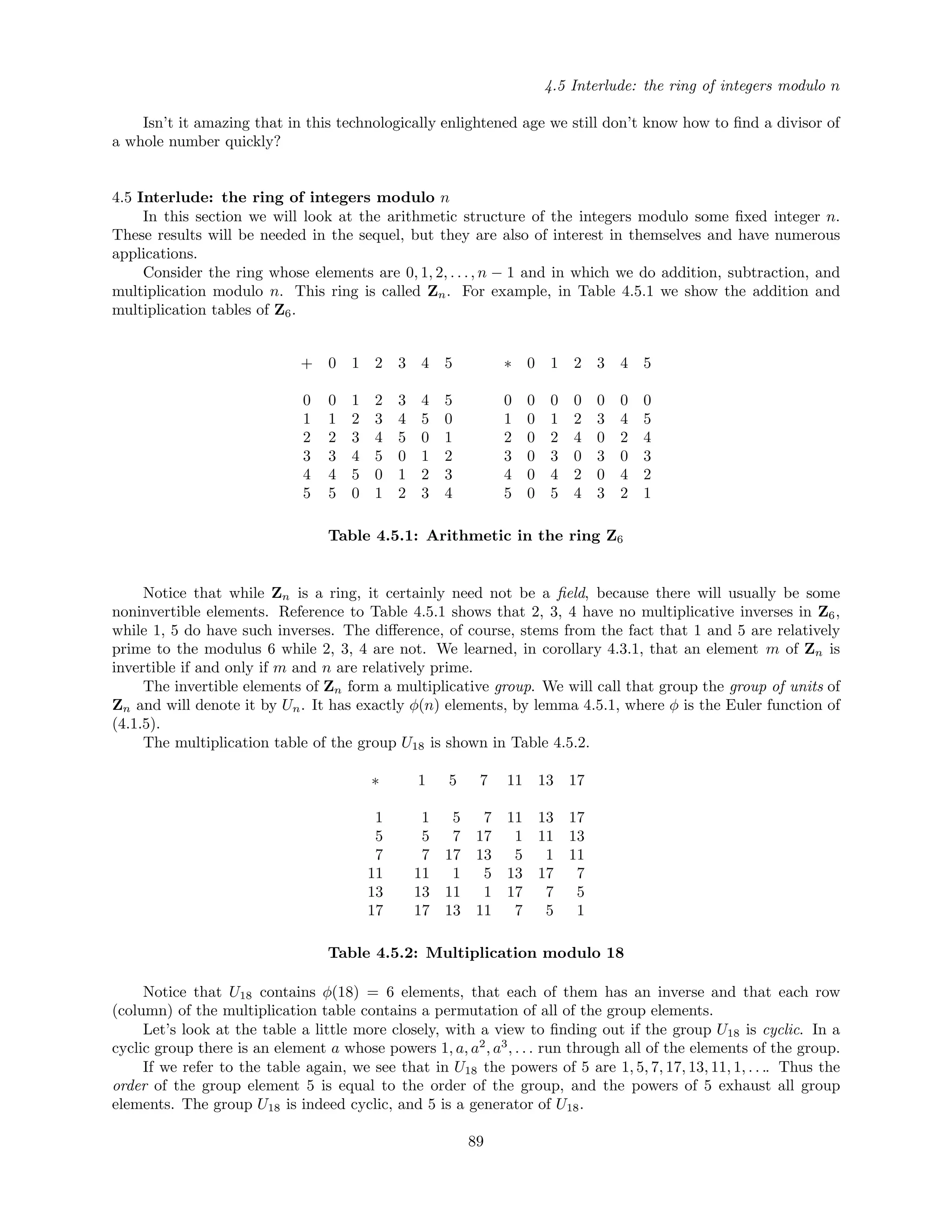 4.5 Interlude: the ring of integers modulo n
Isn’t it amazing that in this technologically enlightened age we still don’t know how to ﬁnd a divisor of
a whole number quickly?
4.5 Interlude: the ring of integers modulo n
In this section we will look at the arithmetic structure of the integers modulo some ﬁxed integer n.
These results will be needed in the sequel, but they are also of interest in themselves and have numerous
applications.
Consider the ring whose elements are 0, 1, 2, . . ., n − 1 and in which we do addition, subtraction, and
multiplication modulo n. This ring is called Zn. For example, in Table 4.5.1 we show the addition and
multiplication tables of Z6.
+ 0 1 2 3 4 5 ∗ 0 1 2 3 4 5
0 0 1 2 3 4 5 0 0 0 0 0 0 0
1 1 2 3 4 5 0 1 0 1 2 3 4 5
2 2 3 4 5 0 1 2 0 2 4 0 2 4
3 3 4 5 0 1 2 3 0 3 0 3 0 3
4 4 5 0 1 2 3 4 0 4 2 0 4 2
5 5 0 1 2 3 4 5 0 5 4 3 2 1
Table 4.5.1: Arithmetic in the ring Z6
Notice that while Zn is a ring, it certainly need not be a ﬁeld, because there will usually be some
noninvertible elements. Reference to Table 4.5.1 shows that 2, 3, 4 have no multiplicative inverses in Z6,
while 1, 5 do have such inverses. The diﬀerence, of course, stems from the fact that 1 and 5 are relatively
prime to the modulus 6 while 2, 3, 4 are not. We learned, in corollary 4.3.1, that an element m of Zn is
invertible if and only if m and n are relatively prime.
The invertible elements of Zn form a multiplicative group. We will call that group the group of units of
Zn and will denote it by Un. It has exactly φ(n) elements, by lemma 4.5.1, where φ is the Euler function of
(4.1.5).
The multiplication table of the group U18 is shown in Table 4.5.2.
∗ 1 5 7 11 13 17
1 1 5 7 11 13 17
5 5 7 17 1 11 13
7 7 17 13 5 1 11
11 11 1 5 13 17 7
13 13 11 1 17 7 5
17 17 13 11 7 5 1
Table 4.5.2: Multiplication modulo 18
Notice that U18 contains φ(18) = 6 elements, that each of them has an inverse and that each row
(column) of the multiplication table contains a permutation of all of the group elements.
Let’s look at the table a little more closely, with a view to ﬁnding out if the group U18 is cyclic. In a
cyclic group there is an element a whose powers 1, a, a2
, a3
, . . . run through all of the elements of the group.
If we refer to the table again, we see that in U18 the powers of 5 are 1, 5, 7, 17, 13, 11, 1, . . .. Thus the
order of the group element 5 is equal to the order of the group, and the powers of 5 exhaust all group
elements. The group U18 is indeed cyclic, and 5 is a generator of U18.
89
 