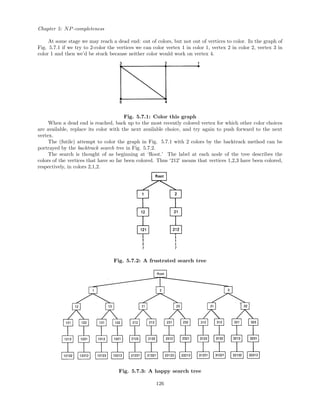 Chapter 5: NP-completeness
At some stage we may reach a dead end: out of colors, but not out of vertices to color. In the graph of
Fig. 5.7.1 if we try to 2-color the vertices we can color vertex 1 in color 1, vertex 2 in color 2, vertex 3 in
color 1 and then we’d be stuck because neither color would work on vertex 4.
Fig. 5.7.1: Color this graph
When a dead end is reached, back up to the most recently colored vertex for which other color choices
are available, replace its color with the next available choice, and try again to push forward to the next
vertex.
The (futile) attempt to color the graph in Fig. 5.7.1 with 2 colors by the backtrack method can be
portrayed by the backtrack search tree in Fig. 5.7.2.
The search is thought of as beginning at ‘Root.’ The label at each node of the tree describes the
colors of the vertices that have so far been colored. Thus ‘212’ means that vertices 1,2,3 have been colored,
respectively, in colors 2,1,2.
Fig. 5.7.2: A frustrated search tree
Fig. 5.7.3: A happy search tree
126
 