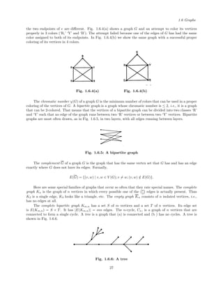 1.6 Graphs
the two endpoints of e are diﬀerent. Fig. 1.6.4(a) shows a graph G and an attempt to color its vertices
properly in 3 colors (‘R,’ ‘Y’ and ‘B’). The attempt failed because one of the edges of G has had the same
color assigned to both of its endpoints. In Fig. 1.6.4(b) we show the same graph with a successful proper
coloring of its vertices in 4 colors.
Fig. 1.6.4(a) Fig. 1.6.4(b)
The chromatic number χ(G) of a graph G is the minimum number of colors that can be used in a proper
coloring of the vertices of G. A bipartite graph is a graph whose chromatic number is ≤ 2, i.e., it is a graph
that can be 2-colored. That means that the vertices of a bipartite graph can be divided into two classes ‘R’
and ‘Y’ such that no edge of the graph runs between two ‘R’ vertices or between two ‘Y’ vertices. Bipartite
graphs are most often drawn, as in Fig. 1.6.5, in two layers, with all edges running between layers.
Fig. 1.6.5: A bipartite graph
The complement G of a graph G is the graph that has the same vertex set that G has and has an edge
exactly where G does not have its edges. Formally,
E(G) = {(v, w) | v, w ∈ V (G); v = w; (v, w) /∈ E(G)}.
Here are some special families of graphs that occur so often that they rate special names. The complete
graph Kn is the graph of n vertices in which every possible one of the n
2 edges is actually present. Thus
K2 is a single edge, K3 looks like a triangle, etc. The empty graph Kn consists of n isolated vertices, i.e.,
has no edges at all.
The complete bipartite graph Km,n has a set S of m vertices and a set T of n vertices. Its edge set
is E(Km,n) = S × T. It has |E(Km,n)| = mn edges. The n-cycle, Cn, is a graph of n vertices that are
connected to form a single cycle. A tree is a graph that (a) is connected and (b ) has no cycles. A tree is
shown in Fig. 1.6.6.
Fig. 1.6.6: A tree
27
 
