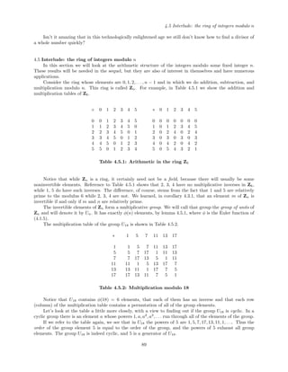 4.5 Interlude: the ring of integers modulo n
Isn’t it amazing that in this technologically enlightened age we still don’t know how to ﬁnd a divisor of
a whole number quickly?
4.5 Interlude: the ring of integers modulo n
In this section we will look at the arithmetic structure of the integers modulo some ﬁxed integer n.
These results will be needed in the sequel, but they are also of interest in themselves and have numerous
applications.
Consider the ring whose elements are 0, 1, 2, . . ., n − 1 and in which we do addition, subtraction, and
multiplication modulo n. This ring is called Zn. For example, in Table 4.5.1 we show the addition and
multiplication tables of Z6.
+ 0 1 2 3 4 5 ∗ 0 1 2 3 4 5
0 0 1 2 3 4 5 0 0 0 0 0 0 0
1 1 2 3 4 5 0 1 0 1 2 3 4 5
2 2 3 4 5 0 1 2 0 2 4 0 2 4
3 3 4 5 0 1 2 3 0 3 0 3 0 3
4 4 5 0 1 2 3 4 0 4 2 0 4 2
5 5 0 1 2 3 4 5 0 5 4 3 2 1
Table 4.5.1: Arithmetic in the ring Z6
Notice that while Zn is a ring, it certainly need not be a ﬁeld, because there will usually be some
noninvertible elements. Reference to Table 4.5.1 shows that 2, 3, 4 have no multiplicative inverses in Z6,
while 1, 5 do have such inverses. The diﬀerence, of course, stems from the fact that 1 and 5 are relatively
prime to the modulus 6 while 2, 3, 4 are not. We learned, in corollary 4.3.1, that an element m of Zn is
invertible if and only if m and n are relatively prime.
The invertible elements of Zn form a multiplicative group. We will call that group the group of units of
Zn and will denote it by Un. It has exactly φ(n) elements, by lemma 4.5.1, where φ is the Euler function of
(4.1.5).
The multiplication table of the group U18 is shown in Table 4.5.2.
∗ 1 5 7 11 13 17
1 1 5 7 11 13 17
5 5 7 17 1 11 13
7 7 17 13 5 1 11
11 11 1 5 13 17 7
13 13 11 1 17 7 5
17 17 13 11 7 5 1
Table 4.5.2: Multiplication modulo 18
Notice that U18 contains φ(18) = 6 elements, that each of them has an inverse and that each row
(column) of the multiplication table contains a permutation of all of the group elements.
Let’s look at the table a little more closely, with a view to ﬁnding out if the group U18 is cyclic. In a
cyclic group there is an element a whose powers 1, a, a2
, a3
, . . . run through all of the elements of the group.
If we refer to the table again, we see that in U18 the powers of 5 are 1, 5, 7, 17, 13, 11, 1, . . .. Thus the
order of the group element 5 is equal to the order of the group, and the powers of 5 exhaust all group
elements. The group U18 is indeed cyclic, and 5 is a generator of U18.
89
 