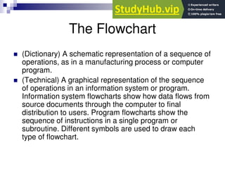 The Flowchart
 (Dictionary) A schematic representation of a sequence of
operations, as in a manufacturing process or computer
program.
 (Technical) A graphical representation of the sequence
of operations in an information system or program.
Information system flowcharts show how data flows from
source documents through the computer to final
distribution to users. Program flowcharts show the
sequence of instructions in a single program or
subroutine. Different symbols are used to draw each
type of flowchart.
 