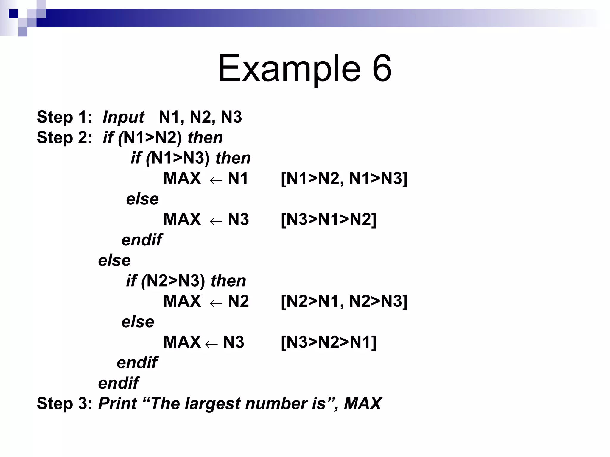 Example 6
Step 1: Input N1, N2, N3
Step 2: if (N1>N2) then
if (N1>N3) then
MAX ← N1 [N1>N2, N1>N3]
else
MAX ← N3 [N3>N1>N2]
endif
else
if (N2>N3) then
MAX ← N2 [N2>N1, N2>N3]
else
MAX ← N3 [N3>N2>N1]
endif
endif
Step 3: Print “The largest number is”, MAX
 