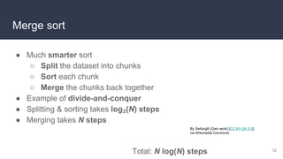 Merge sort
● Much smarter sort
○ Split the dataset into chunks
○ Sort each chunk
○ Merge the chunks back together
● Example of divide-and-conquer
● Splitting & sorting takes log₂(N) steps
● Merging takes N steps
12
By Swfung8 (Own work) [CC BY-SA 3.0],
via Wikimedia Commons
Total: N log(N) steps
 