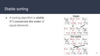 Stable sorting
● A sorting algorithm is stable
iff it conserves the order of
equal elements
21
 