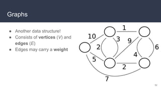 Graphs
● Another data structure!
● Consists of vertices (V) and
edges (E)
● Edges may carry a weight
52
 