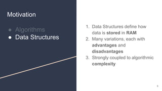 Motivation
● Algorithms
● Data Structures
1. Data Structures define how
data is stored in RAM
2. Many variations, each with
advantages and
disadvantages
3. Strongly coupled to algorithmic
complexity
6
 