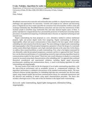 ALGORITHMS FOR AUDIO WATERMARKING AND STEGANOGRAPHY | PDF