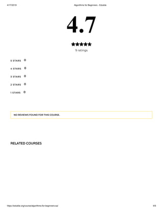 4/17/2019 Algorithms for Beginners - Edukite
https://edukite.org/course/algorithms-for-beginners-sa/ 4/9
4.7
9 ratings

5 STARS
4 STARS
3 STARS
2 STARS
1 STARS
0
0
0
0
0
NO REVIEWS FOUND FOR THIS COURSE.
RELATED COURSES
 