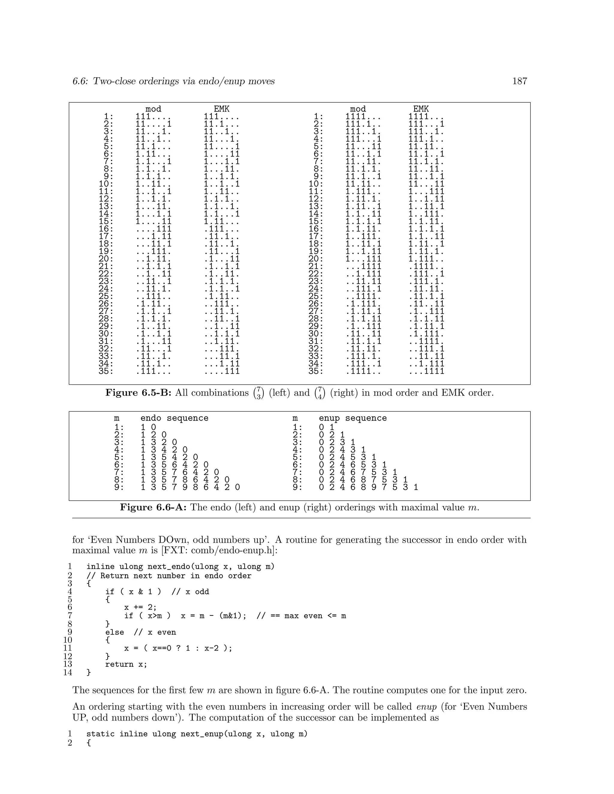 6.6: Two-close orderings via endo/enup moves
mod
111....
11....1
11...1.
11..1..
11.1...
1.11...
1.1...1
1.1..1.
1.1.1..
1..11..
1..1..1
1..1.1.
1...11.
1...1.1
1....11
....111
...1.11
...11.1
...111.
..1.11.
..1.1.1
..1..11
..11..1
..11.1.
..111..
.1.11..
.1.1..1
.1.1.1.
.1..11.
.1..1.1
.1...11
.11...1
.11..1.
.11.1..
.111...

1:
2:
3:
4:
5:
6:
7:
8:
9:
10:
11:
12:
13:
14:
15:
16:
17:
18:
19:
20:
21:
22:
23:
24:
25:
26:
27:
28:
29:
30:
31:
32:
33:
34:
35:

EMK
111....
11.1...
11..1..
11...1.
11....1
1....11
1...1.1
1...11.
1..1.1.
1..1..1
1..11..
1.1.1..
1.1..1.
1.1...1
1.11...
.111...
.11.1..
.11..1.
.11...1
.1...11
.1..1.1
.1..11.
.1.1.1.
.1.1..1
.1.11..
..111..
..11.1.
..11..1
..1..11
..1.1.1
..1.11.
...111.
...11.1
...1.11
....111

Figure 6.5-B: All combinations
m
1:
2:
3:
4:
5:
6:
7:
8:
9:

187

endo sequence
1 0
1 2 0
1 3 2 0
1 3 4 2 0
1 3 5 4 2 0
1 3 5 6 4 2 0
1 3 5 7 6 4 2 0
1 3 5 7 8 6 4 2 0
1 3 5 7 9 8 6 4 2 0

1:
2:
3:
4:
5:
6:
7:
8:
9:
10:
11:
12:
13:
14:
15:
16:
17:
18:
19:
20:
21:
22:
23:
24:
25:
26:
27:
28:
29:
30:
31:
32:
33:
34:
35:
7
3

(left) and
m
1:
2:
3:
4:
5:
6:
7:
8:
9:

7
4

mod
1111...
111.1..
111..1.
111...1
11...11
11..1.1
11..11.
11.1.1.
11.1..1
11.11..
1.111..
1.11.1.
1.11..1
1.1..11
1.1.1.1
1.1.11.
1..111.
1..11.1
1..1.11
1...111
...1111
..1.111
..11.11
..111.1
..1111.
.1.111.
.1.11.1
.1.1.11
.1..111
.11..11
.11.1.1
.11.11.
.111.1.
.111..1
.1111..

EMK
1111...
111...1
111..1.
111.1..
11.11..
11.1..1
11.1.1.
11..11.
11..1.1
11...11
1...111
1..1.11
1..11.1
1..111.
1.1.11.
1.1.1.1
1.1..11
1.11..1
1.11.1.
1.111..
.1111..
.111..1
.111.1.
.11.11.
.11.1.1
.11..11
.1..111
.1.1.11
.1.11.1
.1.111.
..1111.
..111.1
..11.11
..1.111
...1111

(right) in mod order and EMK order.

enup sequence
0 1
0 2 1
0 2 3 1
0 2 4 3 1
0 2 4 5 3 1
0 2 4 6 5 3 1
0 2 4 6 7 5 3 1
0 2 4 6 8 7 5 3 1
0 2 4 6 8 9 7 5 3 1

Figure 6.6-A: The endo (left) and enup (right) orderings with maximal value m.
for ‘Even Numbers DOwn, odd numbers up’. A routine for generating the successor in endo order with
maximal value m is [FXT: comb/endo-enup.h]:
1
2
3
4
5
6
7
8
9
10
11
12
13
14

inline ulong next_endo(ulong x, ulong m)
// Return next number in endo order
{
if ( x & 1 ) // x odd
{
x += 2;
if ( x>m ) x = m - (m&1); // == max even <= m
}
else // x even
{
x = ( x==0 ? 1 : x-2 );
}
return x;
}

The sequences for the ﬁrst few m are shown in ﬁgure 6.6-A. The routine computes one for the input zero.
An ordering starting with the even numbers in increasing order will be called enup (for ‘Even Numbers
UP, odd numbers down’). The computation of the successor can be implemented as
1
2

static inline ulong next_enup(ulong x, ulong m)
{

 