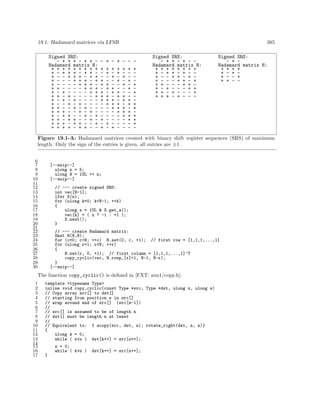 19.1: Hadamard matrices via LFSR
Signed SRS:
- + + + - + + Hadamard matrix H:
+ + + + + + + + +
+ - + + + - + + + - - + + + - + +
+ - - - + + + - +
+ - - - - + + + + + - - - - + + +
+ - + - - - - + +
+ + - + - - - - +
+ - + - + - - - + - - + - + - - + + - - + - + - + + + - - + - + + - + + - - + - +
+ + - + + - - + + + + - + + - - +
+ + + + - + + - -

385

- + - + - - +
+
+
+
+
+
+
+

+
+
+
+
+
+
+
+
-

+
+
+
+
+
+
+
+

+
+
+
+
+
+
+
+
-

+
+
+
+
+
+
+
+
-

+
+
+
+
+
+
+
+
-

+
+
+
+
+
+
+
+
-

Signed SRS:
- + + - + - Hadamard matrix H:
+ + + + + + + +
+ - + + - + - + - - + + - + + - - - + + - +
+ + - - - + + + - + - - - + +
+ + - + - - - +
+ + + - + - - -

Signed SRS:
- + Hadamard matrix H:
+ + + +
+ - + + - - +
+ + - -

Figure 19.1-A: Hadamard matrices created with binary shift register sequences (SRS) of maximum
length. Only the sign of the entries is given, all entries are ±1.
6
7
8
9
10
11
12
13
14
15
16
17
18
19
20
21
22
23
24
25
26
27
28
29
30

[--snip--]
ulong n = 5;
ulong N = 1UL << n;
[--snip--]
// --- create signed SRS:
int vec[N-1];
lfsr S(n);
for (ulong k=0; k<N-1; ++k)
{
ulong x = 1UL & S.get_a();
vec[k] = ( x ? -1 : +1 );
S.next();
}
// --- create Hadamard matrix:
Smat H(N,N);
for (c=0; c<N; ++c) H.set(0, c, +1); // first row = [1,1,1,...,1]
for (ulong r=1; r<N; ++r)
{
H.set(r, 0, +1); // first column = [1,1,1,...,1]^T
copy_cyclic(vec, H.rowp_[r]+1, N-1, N-r);
}
[--snip--]

The function copy_cyclic() is deﬁned in [FXT: aux1/copy.h]:
1
2
3
4
5
6
7
8
9
10
11
12
13
14
15
16
17

template <typename Type>
inline void copy_cyclic(const Type *src, Type *dst, ulong n, ulong s)
// Copy array src[] to dst[]
// starting from position s in src[]
// wrap around end of src[] (src[n-1])
//
// src[] is assumed to be of length n
// dst[] must be length n at least
//
// Equivalent to: { acopy(src, dst, n); rotate_right(dst, n, s)}
{
ulong k = 0;
while ( s<n ) dst[k++] = src[s++];
s = 0;
while ( k<n )
}

dst[k++] = src[s++];

 