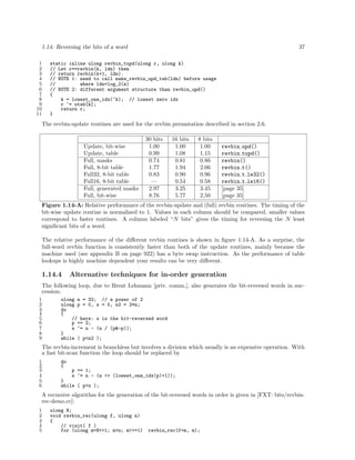 1.14: Reversing the bits of a word
1
2
3
4
5
6
7
8
9
10
11

37

static inline ulong revbin_tupd(ulong r, ulong k)
// Let r==revbin(k, ldn) then
// return revbin(k+1, ldn).
// NOTE 1: need to call make_revbin_upd_tab(ldn) before usage
//
where ldn=log_2(n)
// NOTE 2: different argument structure than revbin_upd()
{
k = lowest_one_idx(~k); // lowest zero idx
r ^= utab[k];
return r;
}

The revbin-update routines are used for the revbin permutation described in section 2.6.

Update, bit-wise
Update, table
Full, masks
Full, 8-bit table
Full32, 8-bit table
Full16, 8-bit table
Full, generated masks
Full, bit-wise

30 bits
1.00
0.99
0.74
1.77
0.83
—
2.97
8.76

16 bits
1.00
1.08
0.81
1.94
0.90
0.54
3.25
5.77

8 bits
1.00
1.15
0.86
2.06
0.96
0.58
3.45
2.50

revbin upd()
revbin tupd()
revbin()
revbin t()
revbin t le32()
revbin t le16()
[page 35]
[page 35]

Figure 1.14-A: Relative performance of the revbin-update and (full) revbin routines. The timing of the
bit-wise update routine is normalized to 1. Values in each column should be compared, smaller values
correspond to faster routines. A column labeled “N bits” gives the timing for reversing the N least
signiﬁcant bits of a word.
The relative performance of the diﬀerent revbin routines is shown in ﬁgure 1.14-A. As a surprise, the
full-word revbin function is consistently faster than both of the update routines, mainly because the
machine used (see appendix B on page 922) has a byte swap instruction. As the performance of table
lookups is highly machine dependent your results can be very diﬀerent.

1.14.4

Alternative techniques for in-order generation

The following loop, due to Brent Lehmann [priv. comm.], also generates the bit-reversed words in succession:
1
2
3
4
5
6
7
8
9

ulong n = 32; // a power of 2
ulong p = 0, s = 0, n2 = 2*n;
do
{
// here: s is the bit-reversed word
p += 2;
s ^= n - (n / (p&-p));
}
while ( p<n2 );

The revbin-increment is branchless but involves a division which usually is an expensive operation. With
a fast bit-scan function the loop should be replaced by
1
2
3
4
5
6

do
{
p += 1;
s ^= n - (n >> (lowest_one_idx(p)+1));
}
while ( p<n );

A recursive algorithm for the generation of the bit-reversed words in order is given in [FXT: bits/revbinrec-demo.cc]:
1
2
3
4
5

ulong N;
void revbin_rec(ulong f, ulong n)
{
// visit( f )
for (ulong m=N>>1; m>n; m>>=1)

revbin_rec(f+m, m);

 