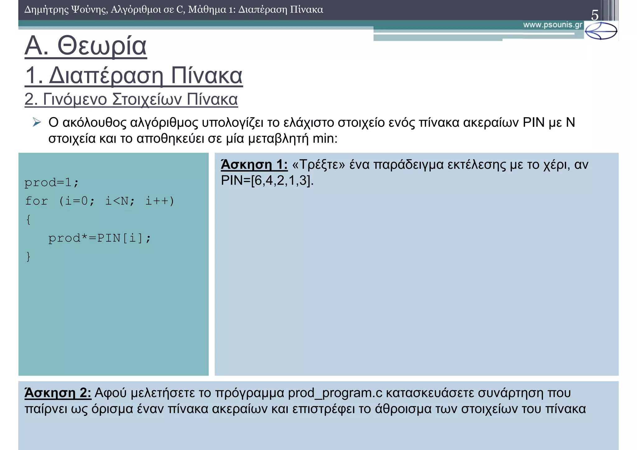 A. Θεωρία
1. ∆ιαπέραση Πίνακα
2. Γινόµενο Στοιχείων Πίνακα
∆ηµήτρης Ψούνης, Αλγόριθµοι σε C, Μάθηµα 1: ∆ιαπέραση Πίνακα 5
Ο ακόλουθος αλγόριθµος υπολογίζει το ελάχιστο στοιχείο ενός πίνακα ακεραίων PIN µε N
στοιχεία και το αποθηκεύει σε µία µεταβλητή min:
prod=1;
for (i=0; i<N; i++)
{
prod*=PIN[i];
}
Άσκηση 1: «Τρέξτε» ένα παράδειγµα εκτέλεσης µε το χέρι, αν
PIN=[6,4,2,1,3].
Άσκηση 2: Αφού µελετήσετε το πρόγραµµα prod_program.c κατασκευάσετε συνάρτηση που
παίρνει ως όρισµα έναν πίνακα ακεραίων και επιστρέφει το άθροισµα των στοιχείων του πίνακα
 