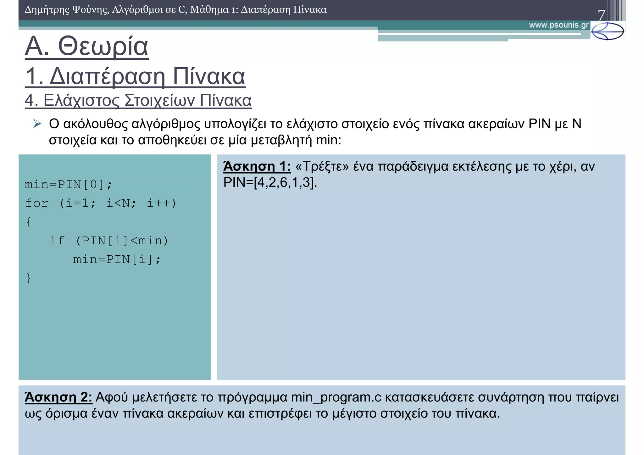 A. Θεωρία
1. ∆ιαπέραση Πίνακα
4. Ελάχιστος Στοιχείων Πίνακα
∆ηµήτρης Ψούνης, Αλγόριθµοι σε C, Μάθηµα 1: ∆ιαπέραση Πίνακα 7
Ο ακόλουθος αλγόριθµος υπολογίζει το ελάχιστο στοιχείο ενός πίνακα ακεραίων PIN µε N
στοιχεία και το αποθηκεύει σε µία µεταβλητή min:
min=PIN[0];
for (i=1; i<N; i++)
{
if (PIN[i]<min)
min=PIN[i];
}
Άσκηση 1: «Τρέξτε» ένα παράδειγµα εκτέλεσης µε το χέρι, αν
PIN=[4,2,6,1,3].
Άσκηση 2: Αφού µελετήσετε το πρόγραµµα min_program.c κατασκευάσετε συνάρτηση που παίρνει
ως όρισµα έναν πίνακα ακεραίων και επιστρέφει το µέγιστο στοιχείο του πίνακα.
 