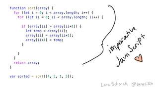 function sort(array) {
for (let i = 0; i < array.length; i++) {
for (let ii = 0; ii < array.length; ii++) {
if (array[ii] > array[ii+1]) {
let temp = array[ii];
array[ii] = array[ii+1];
array[ii+1] = temp;
}
}
}
return array;
}
var sorted = sort([4, 2, 1, 3]);
 
