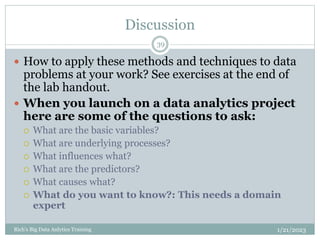 Discussion
1/21/2023
Rich's Big Data Anlytics Training
39
 How to apply these methods and techniques to data
problems at your work? See exercises at the end of
the lab handout.
 When you launch on a data analytics project
here are some of the questions to ask:
 What are the basic variables?
 What are underlying processes?
 What influences what?
 What are the predictors?
 What causes what?
 What do you want to know?: This needs a domain
expert
 