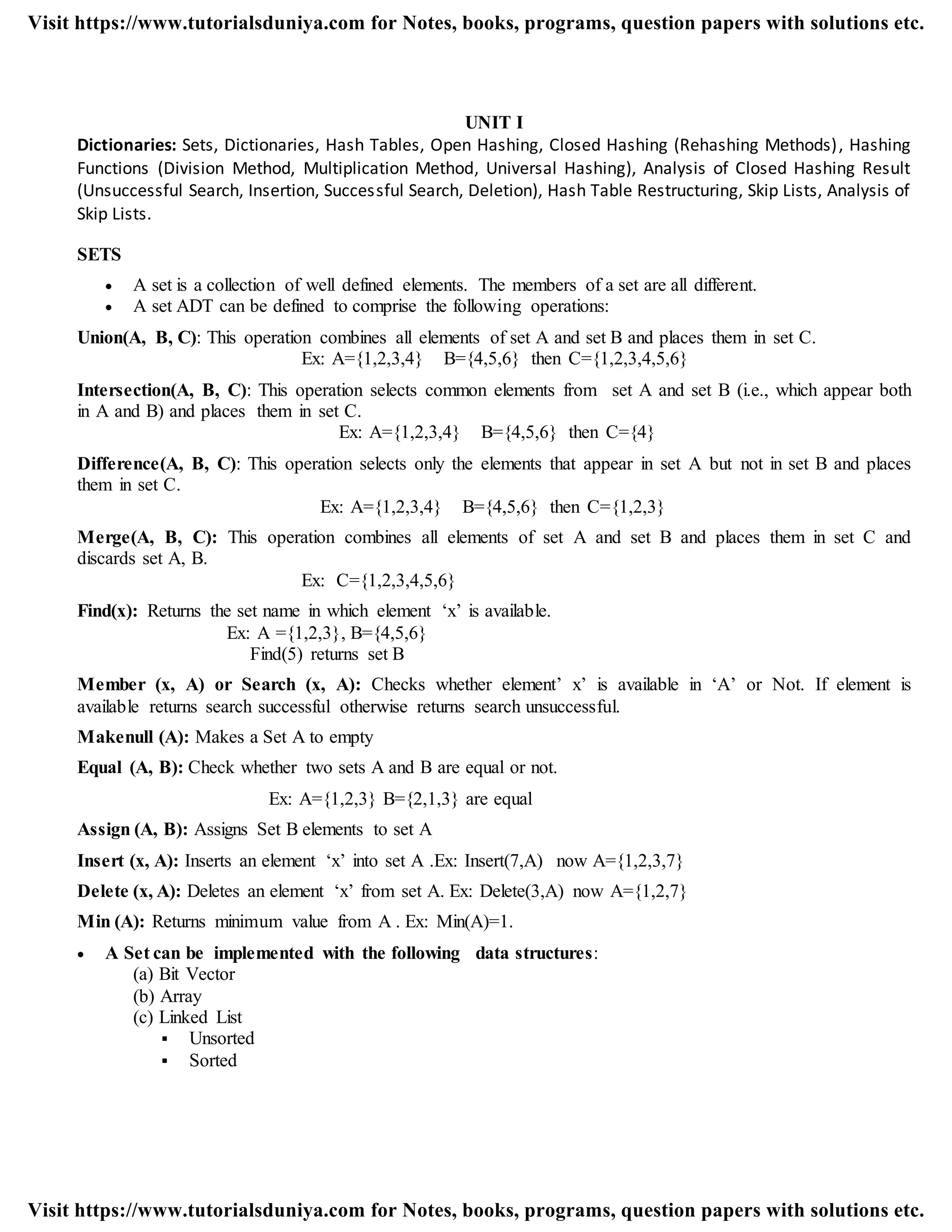 UNIT I
Dictionaries: Sets, Dictionaries, Hash Tables, Open Hashing, Closed Hashing (Rehashing Methods), Hashing
Functions (Division Method, Multiplication Method, Universal Hashing), Analysis of Closed Hashing Result
(Unsuccessful Search, Insertion, Successful Search, Deletion), Hash Table Restructuring, Skip Lists, Analysis of
Skip Lists.
SETS
 A set is a collection of well defined elements. The members of a set are all different.
 A set ADT can be defined to comprise the following operations:
Union(A, B, C): This operation combines all elements of set A and set B and places them in set C.
Ex: A={1,2,3,4} B={4,5,6} then C={1,2,3,4,5,6}
Intersection(A, B, C): This operation selects common elements from set A and set B (i.e., which appear both
in A and B) and places them in set C.
Ex: A={1,2,3,4} B={4,5,6} then C={4}
Difference(A, B, C): This operation selects only the elements that appear in set A but not in set B and places
them in set C.
Ex: A={1,2,3,4} B={4,5,6} then C={1,2,3}
Merge(A, B, C): This operation combines all elements of set A and set B and places them in set C and
discards set A, B.
Ex: C={1,2,3,4,5,6}
Find(x): Returns the set name in which element „x‟ is available.
Ex: A ={1,2,3}, B={4,5,6}
Find(5) returns set B
Member (x, A) or Search (x, A): Checks whether element‟ x‟ is available in „A‟ or Not. If element is
available returns search successful otherwise returns search unsuccessful.
Makenull (A): Makes a Set A to empty
Equal (A, B): Check whether two sets A and B are equal or not.
Ex: A={1,2,3} B={2,1,3} are equal
Assign (A, B): Assigns Set B elements to set A
Insert (x, A): Inserts an element „x‟ into set A .Ex: Insert(7,A) now A={1,2,3,7}
Delete (x, A): Deletes an element „x‟ from set A. Ex: Delete(3,A) now A={1,2,7}
Min (A): Returns minimum value from A . Ex: Min(A)=1.
 A Set can be implemented with the following data structures:
(a) Bit Vector
(b) Array
(c) Linked List
 Unsorted
 Sorted
Visit https://www.tutorialsduniya.com for Notes, books, programs, question papers with solutions etc.
Visit https://www.tutorialsduniya.com for Notes, books, programs, question papers with solutions etc.
 