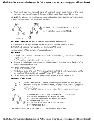  There exist over one hundred types of balanced search trees. Some of the more
common types are: AVL trees, 2-3 trees, red-black trees, Splay trees, B-trees etc.
HEIGHT: For all trees the heights are considered from leaf nodes. For the leaf nodes height
is 1 and for their parents the height is 2 and so on.
In figure 1, h(4)=3, h(3)=1, h(7)=2, h(9)=1.
6, 9, 3 are leaf nodes so height is 1.
Figure 1
AVL TREE DEFINITION: An AVL tree is a binary search tree in which:
1. The heights of the right sub tree and left sub tree of the root differ by at most 1.
2. The left sub tree and right sub tree are themselves AVL trees.
Maximum depth of AVL tree with „n‟ nodes is O(logn).
AVL TREES
 In 1962 Adelson-Velskii and Landis introduced a balanced binary tree with respect to the
heights of sub trees.
 An AVL tree is a height balanced binary search tree.
 Because of its balanced nature insertion, deletion, search operation for an AVL tree of „n‟
nodes takes only O(logn) time.
AVL TREE BALANCE FACTOR
 The balance factor of a node ‟T‟ in a binary tree is defined to be hL-hR, where hL and hR
are heights of left and right sub trees of „T‟, i.e., BF(T) = hL-hR.
 For any node in an AVL tree, the balance factor should be either -1 or 0 or 1.
Examples of AVL Trees
 In this tree for node 4, there is no left & right sub trees, so BF(4)=0-0=0
 For node 7 only left sub tree is there, so BF(7)=hL-hR=1-0 =1 (height of
node 4 is 1)
 The BF(4), BF(7) both are in range -1,0,1. So this tree is an AVL tree.
In this example: h(8)=1, h(12)=1, h(10)=2, h(7)=3, h(4)=1.
BF(8)=0-0=0 (Because no left & right sub trees)
BF(12)=0-0=0 (Because no left & right sub trees)
BF(10)=h(8)-h(12)=1-1=0
BF(4)=0-0=0 (Because no left & right sub trees)
BF(7)=h(4)-h(10)=1-2=-1
All balance factors are in the range -1,0,1. So this is also an AVL tree.
Visit https://www.tutorialsduniya.com for Notes, books, programs, question papers with solutions etc.
Visit https://www.tutorialsduniya.com for Notes, books, programs, question papers with solutions etc.
 