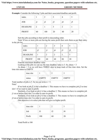UNIT-II1 GREEDY METHOD
Example: Consider the following 5 jobs and their associated deadline and profit.
index 1 2 3 4 5
JOB j1 j2 j3 j4 j5
DEADLINE 2 1 3 2 1
PROFIT 60 100 20 40 20
Sort the jobs according to their profit in descending order.
Note! If two or more jobs are having the same profit then sorts them as per their entry
in the job list.
index 1 2 3 4 5
JOB j2 j1 j4 j3 j5
DEADLINE 1 2 2 3 1
PROFIT 100 60 40 20 20
Find the maximum deadline value
Looking at the jobs we can say the max deadline value is 3. So, dmax = 3
As dmax = 3 so we will have THREE slots to keep track of free time slots. Set the
time slot status to EMPTY
time slot 1 2 3
status EMPTY EMPTY EMPTY
Total number of jobs is 5. So we can write n = 5.
Note!
If we look at job j2, it has a deadline 1. This means we have to complete job j2 in time
slot 1 if we want to earn its profit.
Similarly, if we look at job j1 it has a deadline 2. This means we have to complete job
j1 on or before time slot 2 in order to earn its profit.
Similarly, if we look at job j3 it has a deadline 3. This means we have to complete job
j3 on or before time slot 3 in order to earn its profit.
Our objective is to select jobs that will give us higher profit.
time slot 1 2 3
Job J1 J2 J4
Profit 100 60 20
Total Profit is 180
Page 3 of 16
TutorialsD
uniya.com
Visit https://www.tutorialsduniya.com for Notes, books, programs, question papers with solutions etc.
Visit https://www.tutorialsduniya.com for Notes, books, programs, question papers with solutions etc.
 