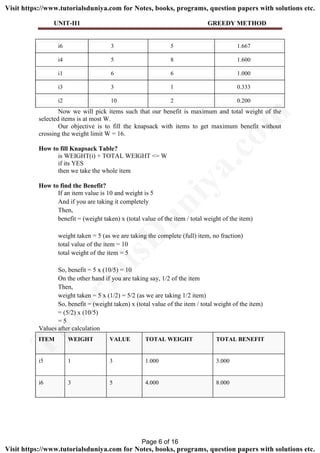 UNIT-II1 GREEDY METHOD
i6 3 5 1.667
i4 5 8 1.600
i1 6 6 1.000
i3 3 1 0.333
i2 10 2 0.200
Now we will pick items such that our benefit is maximum and total weight of the
selected items is at most W.
Our objective is to fill the knapsack with items to get maximum benefit without
crossing the weight limit W = 16.
How to fill Knapsack Table?
is WEIGHT(i) + TOTAL WEIGHT <= W
if its YES
then we take the whole item
How to find the Benefit?
If an item value is 10 and weight is 5
And if you are taking it completely
Then,
benefit = (weight taken) x (total value of the item / total weight of the item)
weight taken = 5 (as we are taking the complete (full) item, no fraction)
total value of the item = 10
total weight of the item = 5
So, benefit = 5 x (10/5) = 10
On the other hand if you are taking say, 1/2 of the item
Then,
weight taken = 5 x (1/2) = 5/2 (as we are taking 1/2 item)
So, benefit = (weight taken) x (total value of the item / total weight of the item)
= (5/2) x (10/5)
= 5
Values after calculation
ITEM WEIGHT VALUE TOTAL WEIGHT TOTAL BENEFIT
i5 1 3 1.000 3.000
i6 3 5 4.000 8.000
Page 6 of 16
TutorialsD
uniya.com
Visit https://www.tutorialsduniya.com for Notes, books, programs, question papers with solutions etc.
Visit https://www.tutorialsduniya.com for Notes, books, programs, question papers with solutions etc.
 