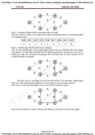UNIT-II1 GREEDY METHOD
Step 2 - Arrange all edges in their increasing order of weight
The next step is to create a set of edges and weight, and arrange them in an ascending order
of weightage (cost).
Step 3 - Add the edge which has the least weightage
Now we start adding edges to the graph beginning from the one which has the least weight.
Throughout, we shall keep checking that the spanning properties remain intact. In case, by
adding one edge, the spanning tree property does not hold then we shall consider not to
include the edge in the graph.
The least cost is 2 and edges involved are B,D and D,T. We add them. Adding them
does not violate spanning tree properties, so we continue to our next edge selection.
Next cost is 3, and associated edges are A,C and C,D. We add them again −
Next cost in the table is 4, and we observe that adding it will create a circuit in the graph. −
Page 10 of 16
TutorialsD
uniya.com
Visit https://www.tutorialsduniya.com for Notes, books, programs, question papers with solutions etc.
Visit https://www.tutorialsduniya.com for Notes, books, programs, question papers with solutions etc.
 