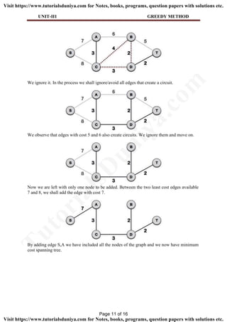 UNIT-II1 GREEDY METHOD
We ignore it. In the process we shall ignore/avoid all edges that create a circuit.
We observe that edges with cost 5 and 6 also create circuits. We ignore them and move on.
Now we are left with only one node to be added. Between the two least cost edges available
7 and 8, we shall add the edge with cost 7.
By adding edge S,A we have included all the nodes of the graph and we now have minimum
cost spanning tree.
Page 11 of 16
TutorialsD
uniya.com
Visit https://www.tutorialsduniya.com for Notes, books, programs, question papers with solutions etc.
Visit https://www.tutorialsduniya.com for Notes, books, programs, question papers with solutions etc.
 