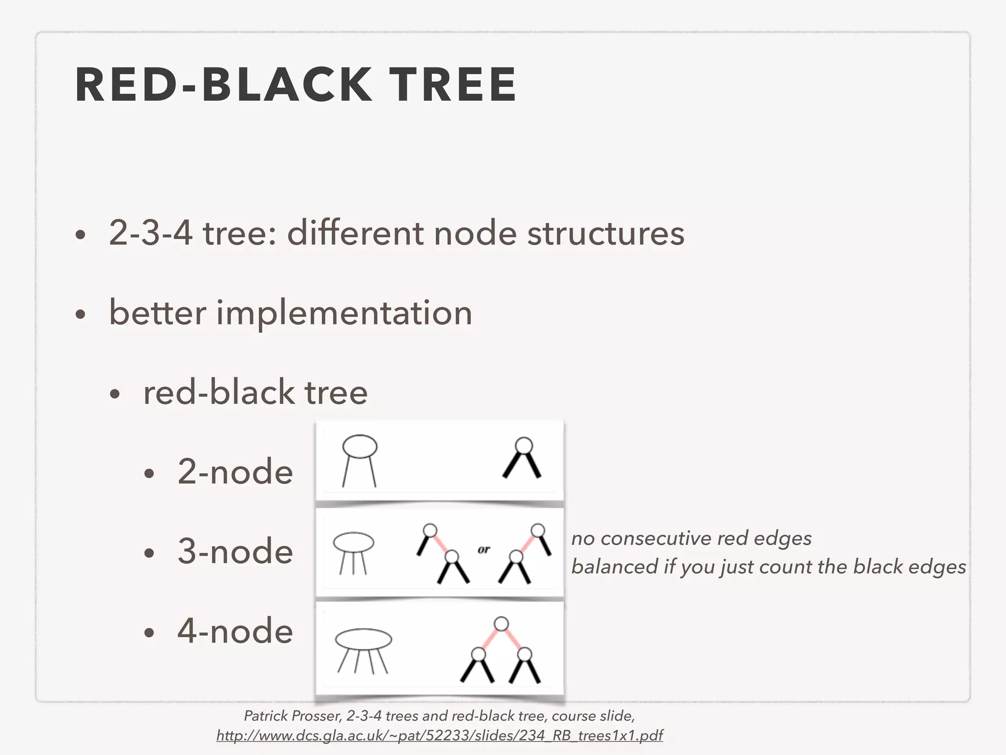 RED-BLACK TREE • 2-3-4 tree: different node structures • better implementation • red-black tree • 2-node • 3-node • 4-node no consecutive red edges balanced if you just count the black edges Patrick Prosser, 2-3-4 trees and red-black tree, course slide, http://www.dcs.gla.ac.uk/~pat/52233/slides/234_RB_trees1x1.pdf 