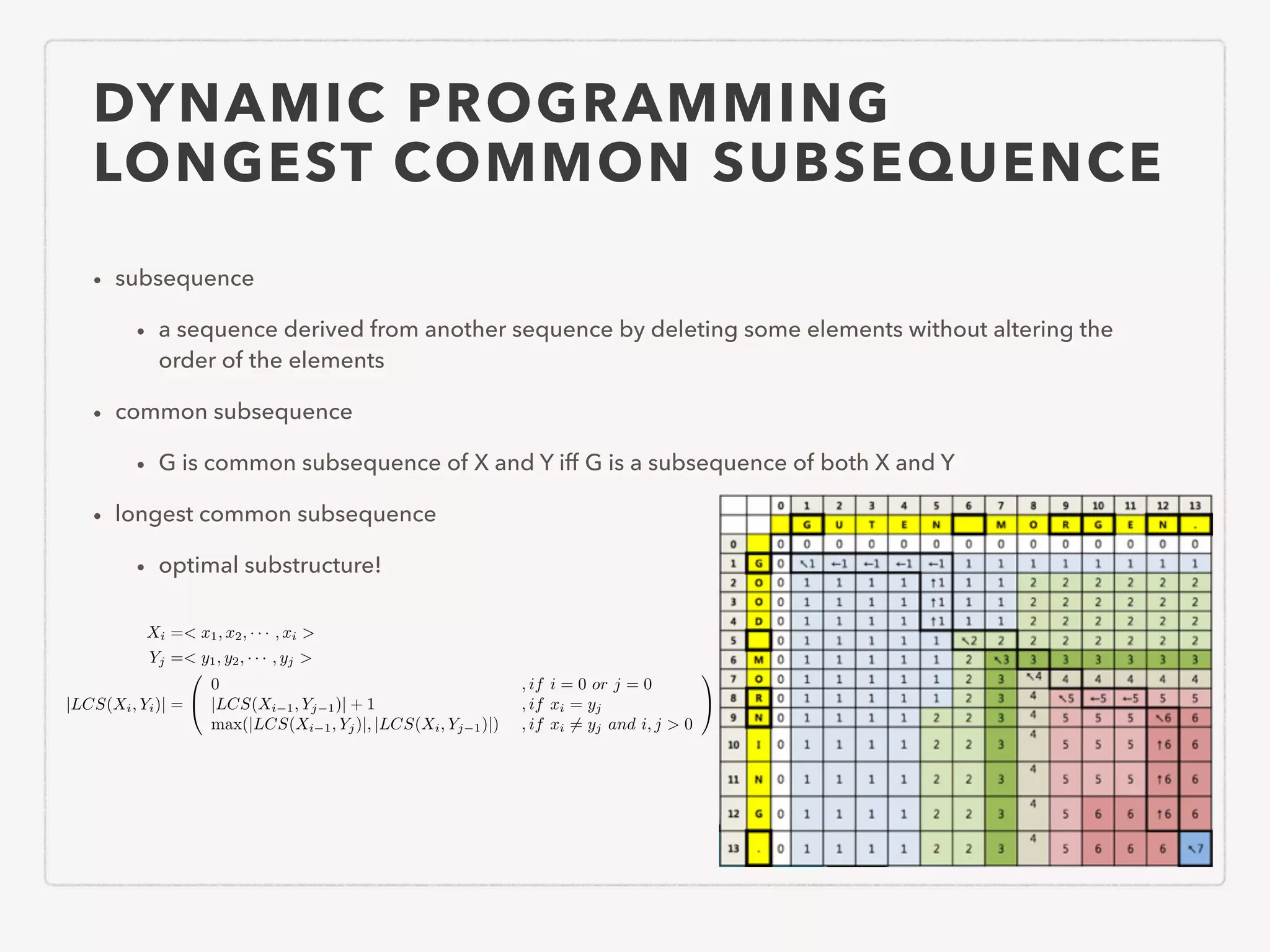 DYNAMIC PROGRAMMING LONGEST COMMON SUBSEQUENCE • subsequence • a sequence derived from another sequence by deleting some elements without altering the order of the elements • common subsequence • G is common subsequence of X and Y iff G is a subsequence of both X and Y • longest common subsequence • optimal substructure! Xi =< x1, x2, · · · , xi > Yj =< y1, y2, · · · , yj > |LCS(Xi, Yi)| = 0 @ 0 , if i = 0 or j = 0 |LCS(Xi 1, Yj 1)| + 1 , if xi = yj max(|LCS(Xi 1, Yj)|, |LCS(Xi, Yj 1)|) , if xi 6= yj and i, j > 0 1 A 