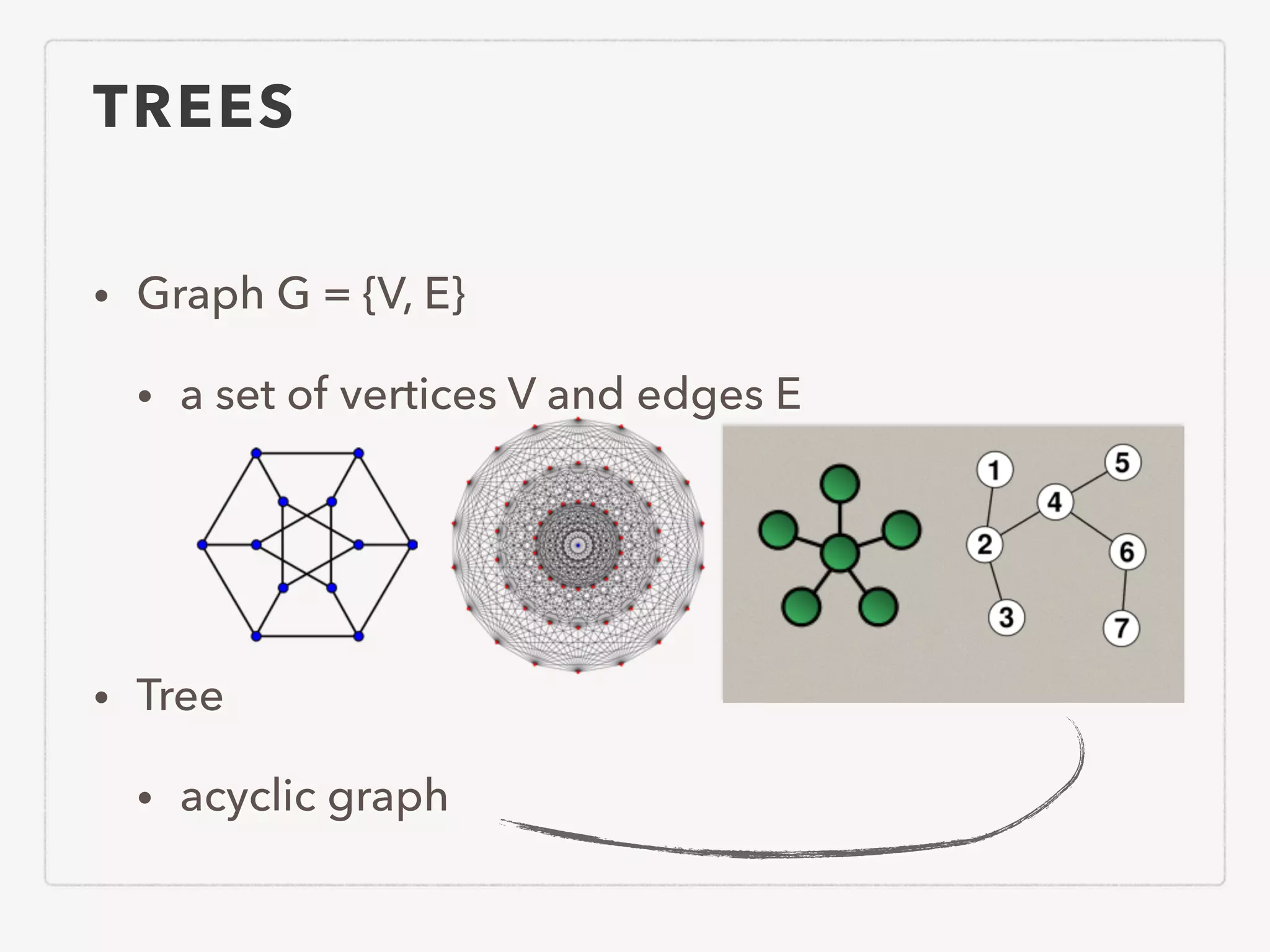 TREES • Graph G = {V, E} • a set of vertices V and edges E ! ! • Tree • acyclic graph 