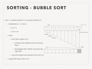 SORTING - BUBBLE SORT
• list L = { sorted sublist L(+), unsorted sublist L(-) }
• initialisation: L = L(-)L(+)
• L(-) = L
• L(+) = nil
• Loop:
• from left to right in L(-)
• compare two adjacent items and sort
them
• the biggest item will be moved to the
right end
• move the right-most element of L(-) to L(+)
• repeat this loop until L(+)=L
L(-) L(+) = 0
max will be here
L(-) L(-)
compare
compare
compare
...
 