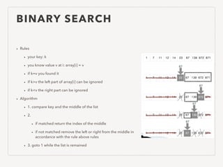 BINARY SEARCH
• Rules
• your key: k
• you know value v at i: array[i] = v
• if k=v you found it
• if k>v the left part of array[i] can be ignored
• if k<v the right part can be ignored
• Algorithm
• 1. compare key and the middle of the list
• 2.
• if matched return the index of the middle
• if not matched remove the left or right from the middle in
accordance with the rule above rules
• 3. goto 1 while the list is remained
 