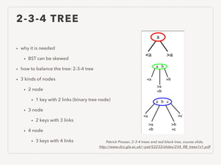 2-3-4 TREE
• why it is needed
• BST can be skewed
• how to balance the tree: 2-3-4 tree
• 3 kinds of nodes
• 2 node
• 1 key with 2 links (binary tree node)
• 3 node
• 2 keys with 3 links
• 4 node
• 3 keys with 4 links Patrick Prosser, 2-3-4 trees and red-black tree, course slide,
http://www.dcs.gla.ac.uk/~pat/52233/slides/234_RB_trees1x1.pdf
 
