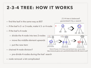 2-3-4 TREE: HOW IT WORKS
• ﬁnd the leaf in the same way as BST
• if the leaf is 2- or 3-node, make it 3- or 4-node
• if the leaf is 4-node
• divide the 4-node into two 2-nodes
• move the middle element upwards
• put the new item
• chained 4-node division?
• pre-divide 4-nodes during the leaf search
• node removal: a bit complicated
2-3-4 tree is balanced!
guaranteed O(lg n) search
Patrick Prosser, 2-3-4 trees and red-black tree, course slide,
http://www.dcs.gla.ac.uk/~pat/52233/slides/234_RB_trees1x1.pdf
 