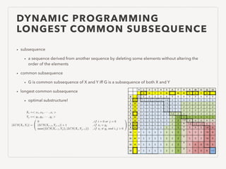 DYNAMIC PROGRAMMING
LONGEST COMMON SUBSEQUENCE
• subsequence
• a sequence derived from another sequence by deleting some elements without altering the
order of the elements
• common subsequence
• G is common subsequence of X and Y iff G is a subsequence of both X and Y
• longest common subsequence
• optimal substructure!
Xi =< x1, x2, · · · , xi >
Yj =< y1, y2, · · · , yj >
|LCS(Xi, Yi)| =
0
@
0 , if i = 0 or j = 0
|LCS(Xi 1, Yj 1)| + 1 , if xi = yj
max(|LCS(Xi 1, Yj)|, |LCS(Xi, Yj 1)|) , if xi 6= yj and i, j > 0
1
A
 
