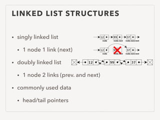 LINKED LIST STRUCTURES
• singly linked list
• 1 node 1 link (next)
• doubly linked list
• 1 node 2 links (prev. and next)
• commonly used data
• head/tail pointers
 
