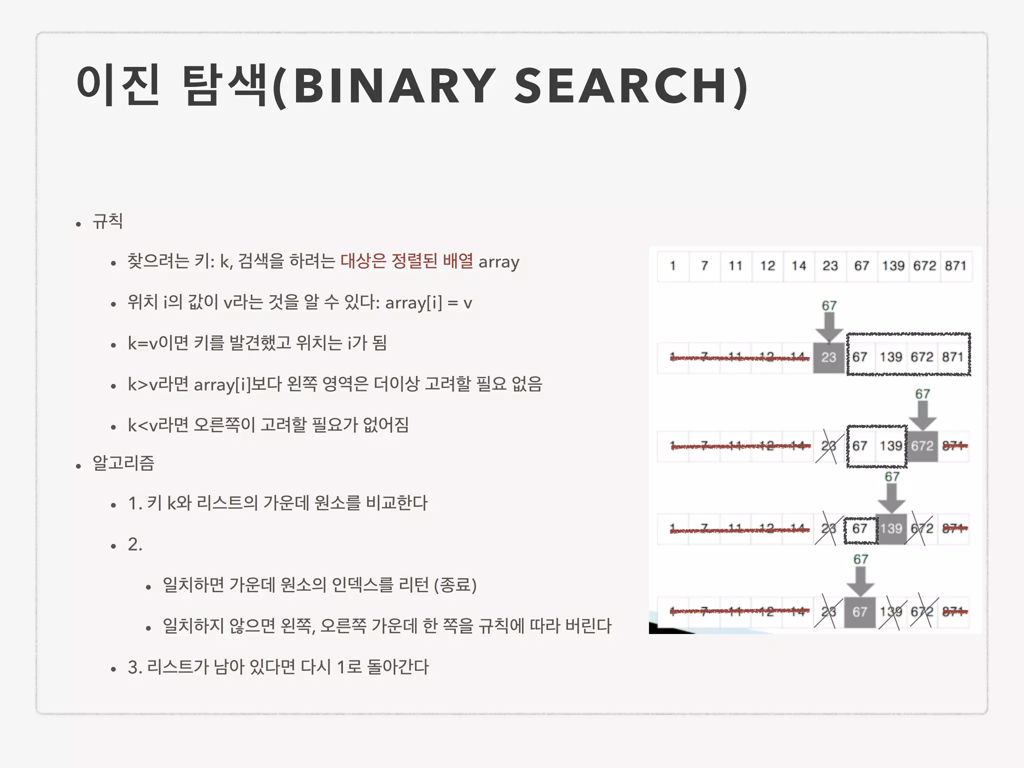 이진 탐색(BINARY SEARCH) • 규칙 • 찾으려는 키: k, 검색을 하려는 대상은 정렬된 배열 array • 위치 i의 값이 v라는 것을 알 수 있다: array[i] = v • k=v이면 키를 발견했고 위치는 i가 됨 • k>v라면 array[i]보다 왼쪽 영역은 더이상 고려할 필요 없음 • k<v라면 오른쪽이 고려할 필요가 없어짐 • 알고리즘 • 1. 키 k와 리스트의 가운데 원소를 비교한다 • 2. • 일치하면 가운데 원소의 인덱스를 리턴 (종료) • 일치하지 않으면 왼쪽, 오른쪽 가운데 한 쪽을 규칙에 따라 버린다 • 3. 리스트가 남아 있다면 다시 1로 돌아간다 