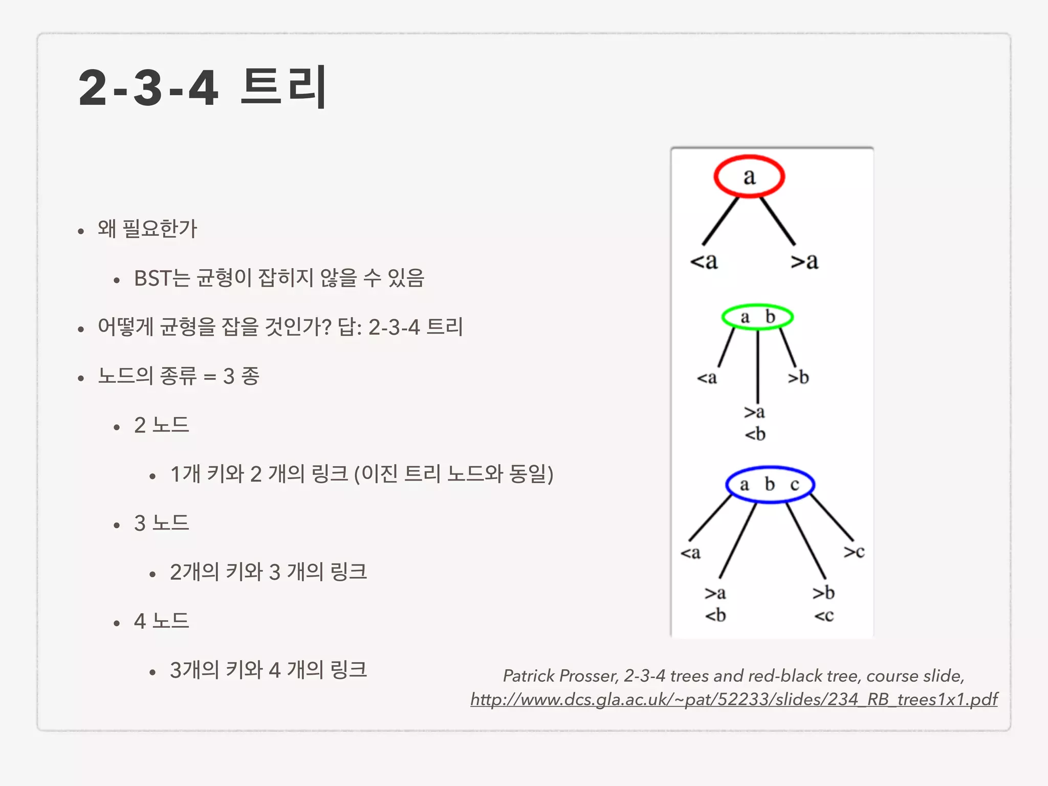 2-3-4 트리 • 왜 필요한가 • BST는 균형이 잡히지 않을 수 있음 • 어떻게 균형을 잡을 것인가? 답: 2-3-4 트리 • 노드의 종류 = 3 종 • 2 노드 • 1개 키와 2 개의 링크 (이진 트리 노드와 동일) • 3 노드 • 2개의 키와 3 개의 링크 • 4 노드 • 3개의 키와 4 개의 링크 Patrick Prosser, 2-3-4 trees and red-black tree, course slide, http://www.dcs.gla.ac.uk/~pat/52233/slides/234_RB_trees1x1.pdf 