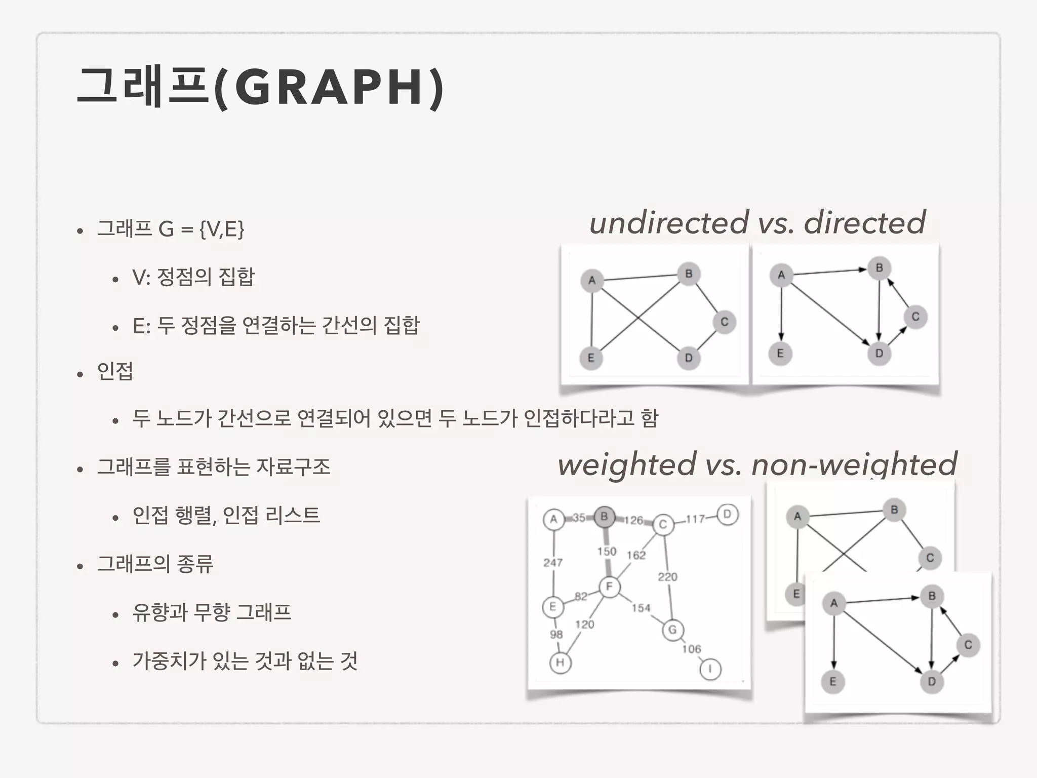 그래프(GRAPH) • 그래프 G = {V,E} • V: 정점의 집합 • E: 두 정점을 연결하는 간선의 집합 • 인접 • 두 노드가 간선으로 연결되어 있으면 두 노드가 인접하다라고 함 • 그래프를 표현하는 자료구조 • 인접 행렬, 인접 리스트 • 그래프의 종류 • 유향과 무향 그래프 • 가중치가 있는 것과 없는 것 undirected vs. directed weighted vs. non-weighted 