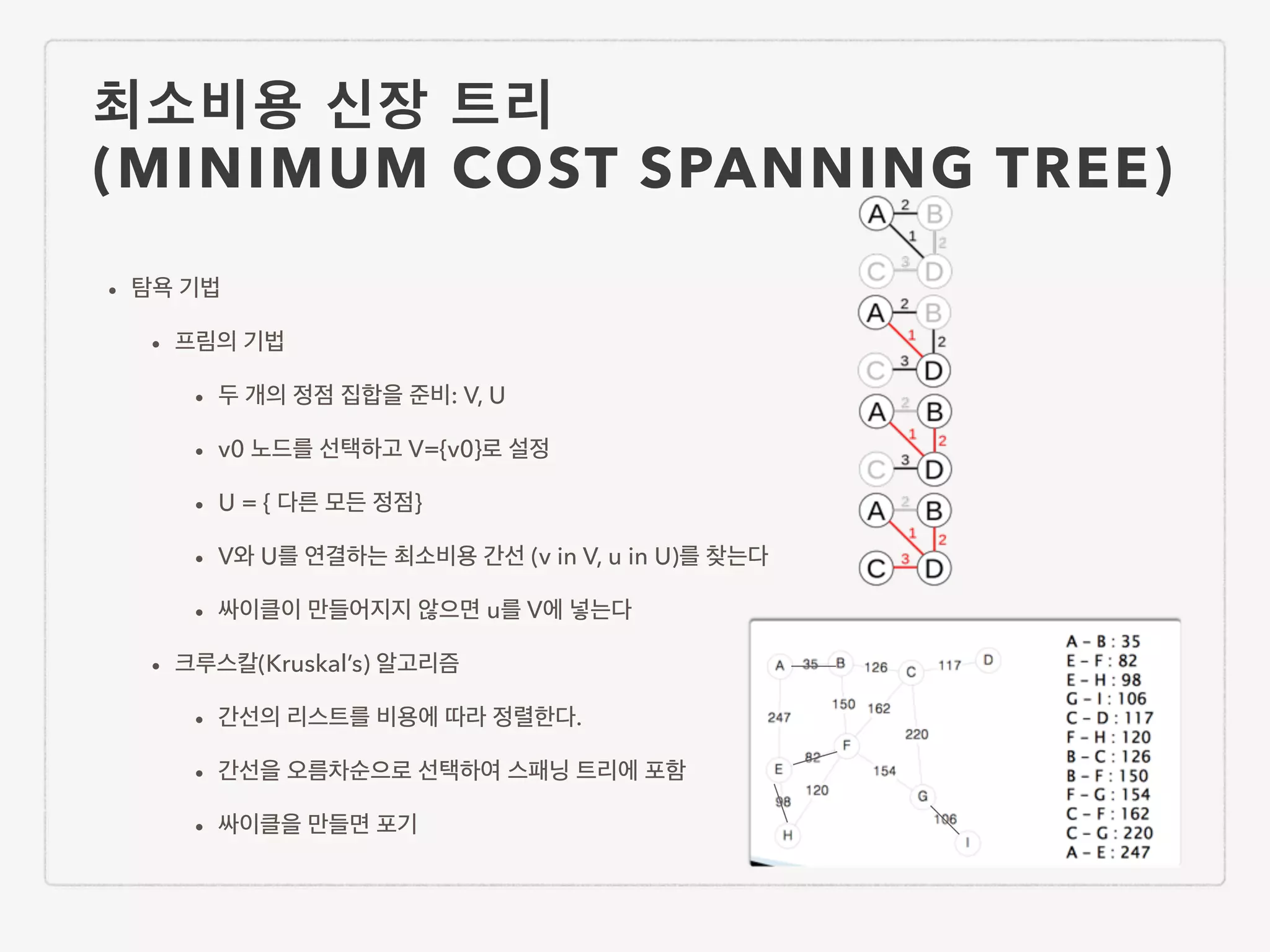 최소비용 신장 트리 (MINIMUM COST SPANNING TREE) • 탐욕 기법 • 프림의 기법 • 두 개의 정점 집합을 준비: V, U • v0 노드를 선택하고 V={v0}로 설정 • U = { 다른 모든 정점} • V와 U를 연결하는 최소비용 간선 (v in V, u in U)를 찾는다 • 싸이클이 만들어지지 않으면 u를 V에 넣는다 • 크루스칼(Kruskal’s) 알고리즘 • 간선의 리스트를 비용에 따라 정렬한다. • 간선을 오름차순으로 선택하여 스패닝 트리에 포함 • 싸이클을 만들면 포기 