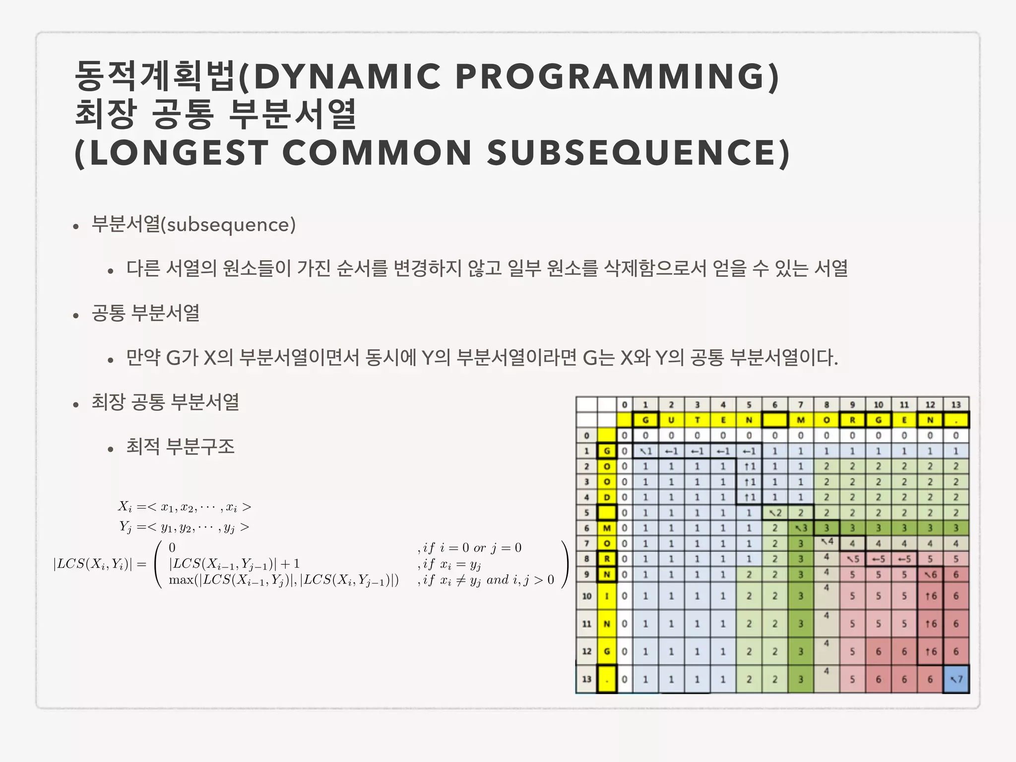 동적계획법(DYNAMIC PROGRAMMING) 최장 공통 부분서열 (LONGEST COMMON SUBSEQUENCE) • 부분서열(subsequence) • 다른 서열의 원소들이 가진 순서를 변경하지 않고 일부 원소를 삭제함으로서 얻을 수 있는 서열 • 공통 부분서열 • 만약 G가 X의 부분서열이면서 동시에 Y의 부분서열이라면 G는 X와 Y의 공통 부분서열이다. • 최장 공통 부분서열 • 최적 부분구조 Xi =< x1, x2, · · · , xi > Yj =< y1, y2, · · · , yj > |LCS(Xi, Yi)| = 0 @ 0 , if i = 0 or j = 0 |LCS(Xi 1, Yj 1)| + 1 , if xi = yj max(|LCS(Xi 1, Yj)|, |LCS(Xi, Yj 1)|) , if xi 6= yj and i, j > 0 1 A 