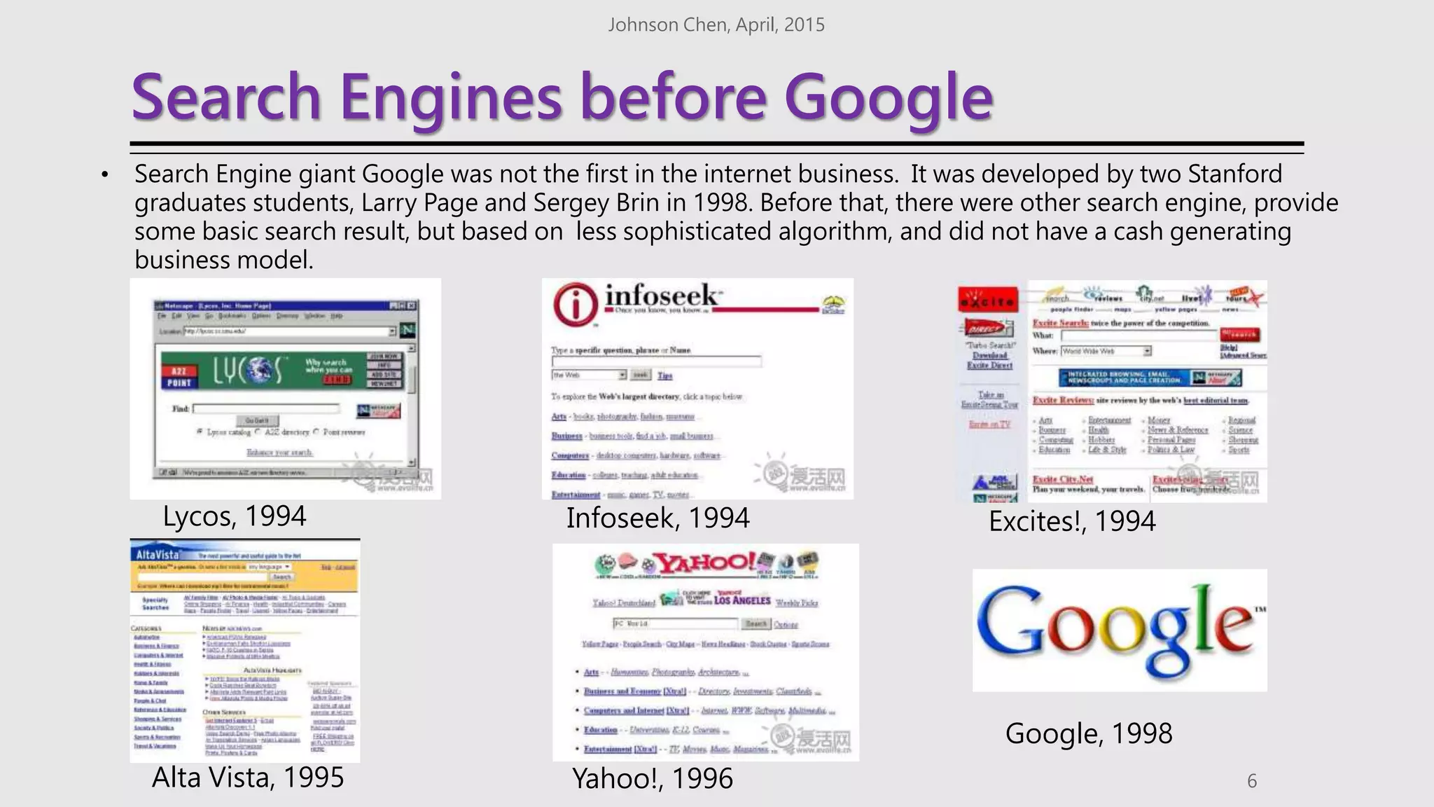 Search Engines before Google
6
• Search Engine giant Google was not the first in the internet business. It was developed by two Stanford
graduates students, Larry Page and Sergey Brin in 1998. Before that, there were other search engine, provide
some basic search result, but based on less sophisticated algorithm, and did not have a cash generating
business model.
Lycos, 1994 Excites!, 1994
Infoseek, 1994
Alta Vista, 1995 Yahoo!, 1996
Google, 1998
Johnson Chen, April, 2015
 