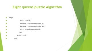 Eight queens puzzle Algorithm
 Begin
 Add CS to DE;
 Remove first element from SL;
 Remove first element from NSL;
 CS: ~ first element of NSL:
 End
 Add CS to SL;
 End
 