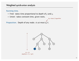 Running time.
・Find: takes time proportional to depth of p and q.
・Union: takes constant time, given roots.
Proposition. Depth of any node x is at most lg N.
35
Weighted quick-union analysis
lg = base-2 logarithm
x
N = 10
depth(x) = 3 ≤ lg N
 